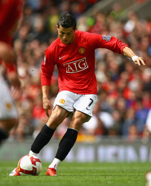 MANCHESTER, ENGLAND - MAY 10:  Cristiano Ronaldo of Manchester United scores the opening goal during the Barclays Premier League match between Manchester United and Manchester City at Old Trafford on May 10, 2009 in Manchester, England.  (Photo by Alex Li