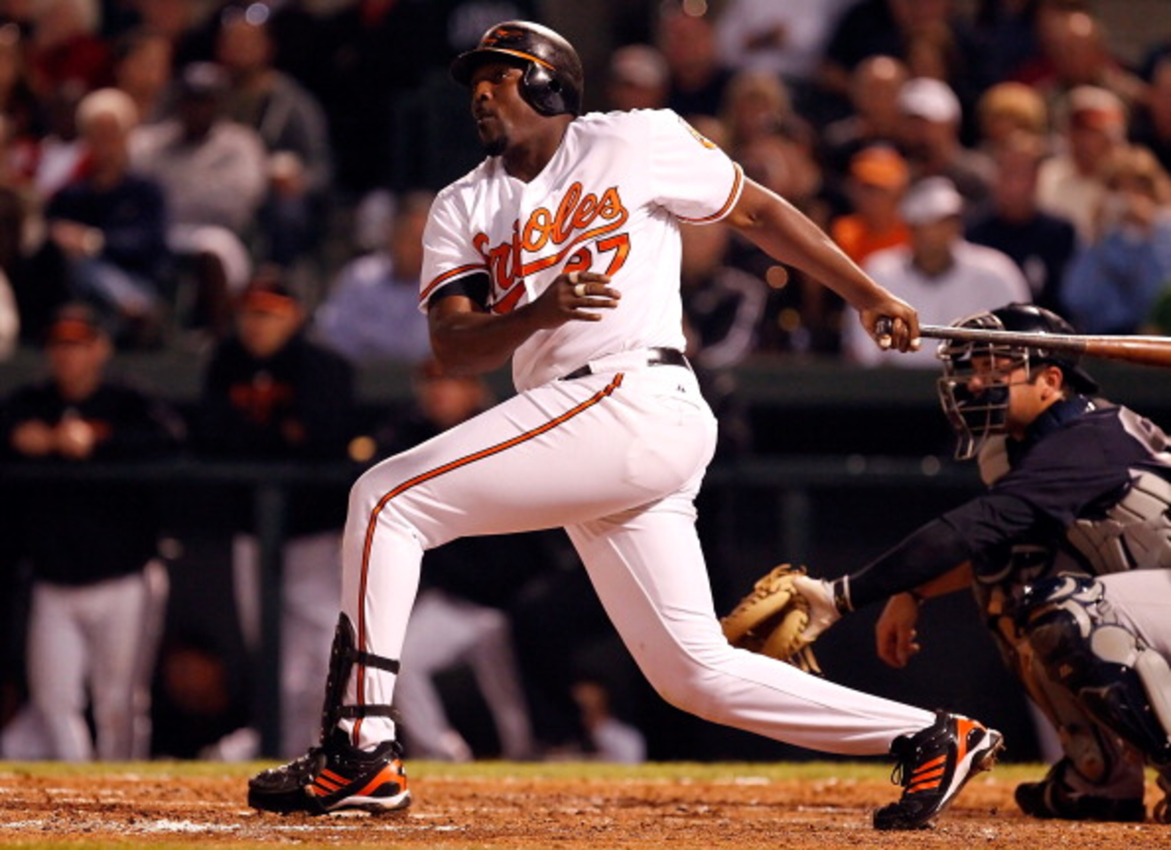 SARASOTA, FL - MARCH 07:  Designated hitter Vladimir Guerrero #27 of the Baltimore Orioles fouls off a pitch against the New York Yankees during a Grapefruit League Spring Training Game at Ed Smith Stadium on March 7, 2011 in Sarasota, Florida.  (Photo by