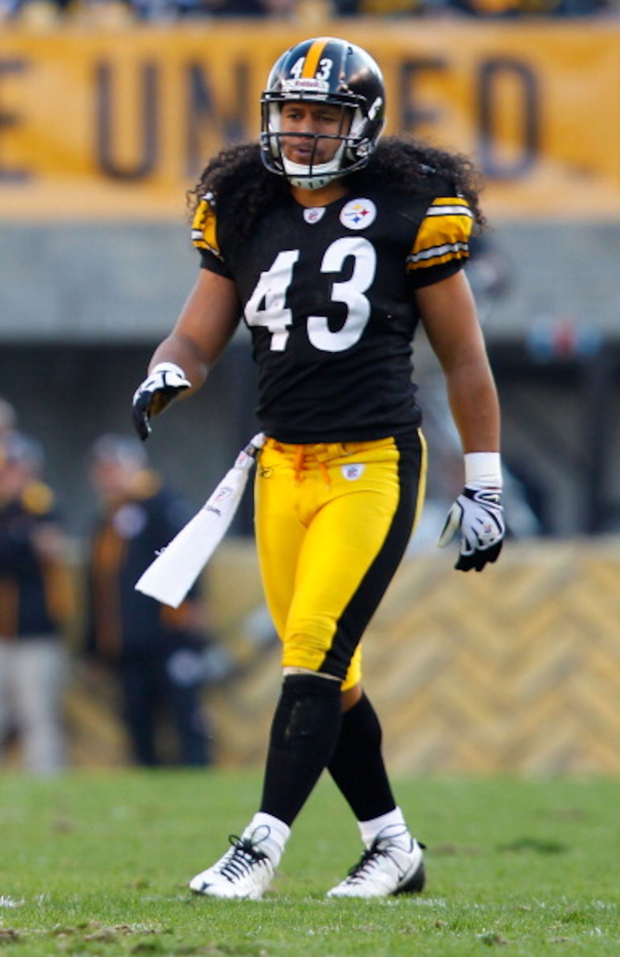 PITTSBURGH, PA - NOVEMBER 21:  Troy Polamalu #43 of the Pittsburgh Steelers lines up before the snap during the game against  the Oakland Raiders on November 21, 2010 at Heinz Field in Pittsburgh, Pennsylvania.  (Photo by Jared Wickerham/Getty Images)