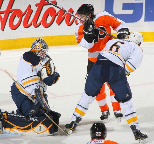 BUFFALO, NY - APRIL 08: Jhonas Enroth #1 of the Buffalo Sabres makes a save on Daniel Briere #48 of the Philadelphia Flyers at HSBC Arena on April 8, 2011 in Buffalo, New York.  (Photo by Rick Stewart/Getty Images)