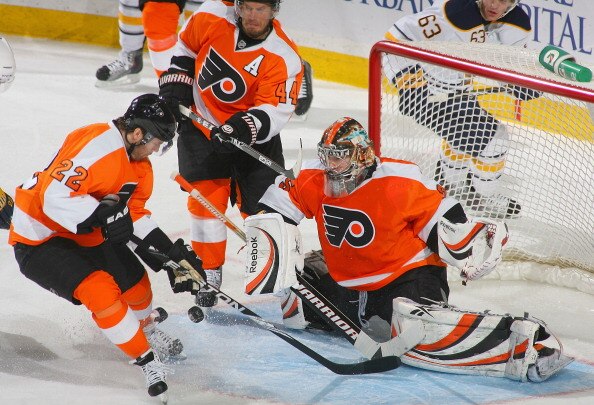 BUFFALO, NY - APRIL 08: Ville Leino #22, Kimmo Timonen #44 and Sergei Bobrovsky #35 of the Philadelphia Flyers defend  against the Buffalo Sabres  at HSBC Arena on April 8, 2011 in Buffalo, New York.  (Photo by Rick Stewart/Getty Images)