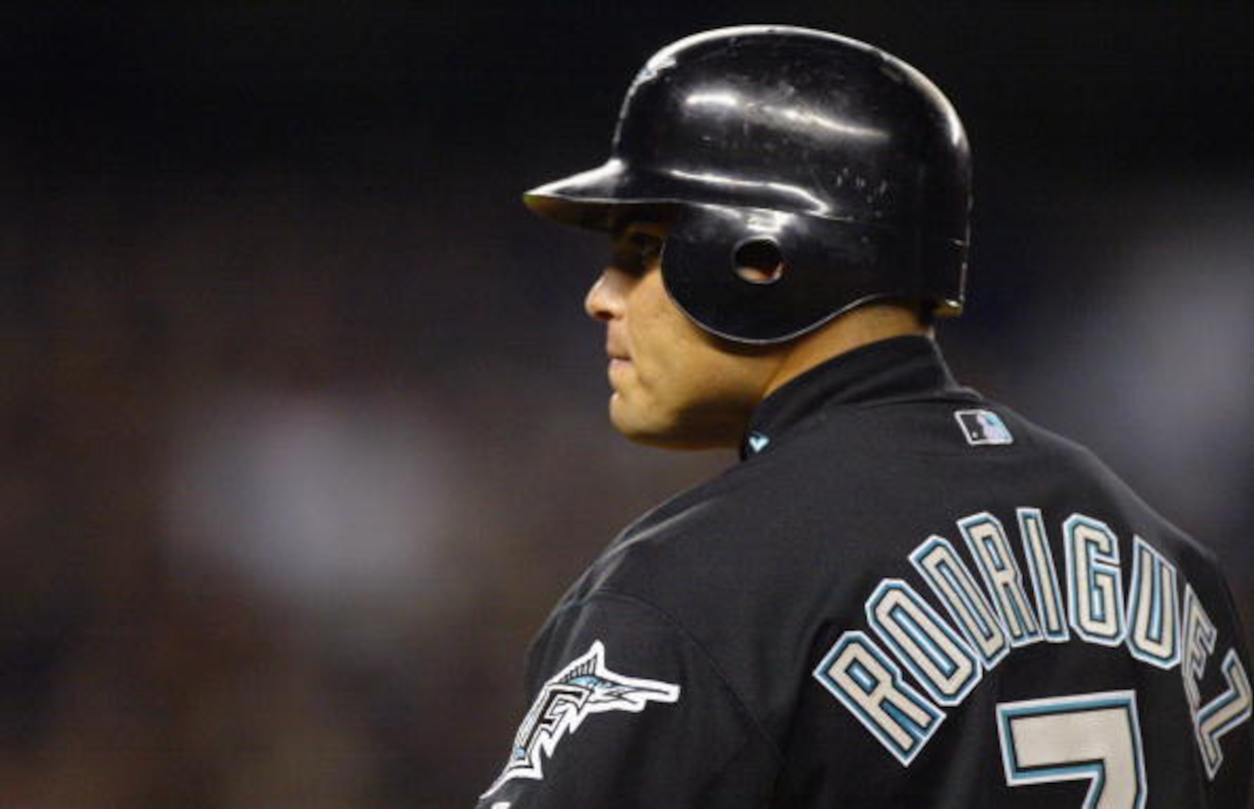 BRONX, NY - OCTOBER 25:  Catcher Ivan Rodriguez #7 of the Florida Marlins is on base against the New York Yankees during game six of the Major League Baseball World Series on October 25, 2003 at Yankee Stadium in the Bronx, New York.  The Marlins won 2-0.