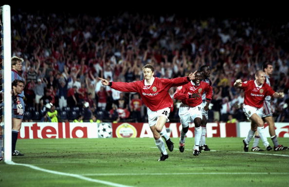 26 May 1999:  Ole Gunnar Solskjaer of Manchester United celebrates his late winner during the UEFA Champions League Final against Bayern Munich at the Nou Camp in Barcelona, Spain. United scored twice in injury time to win 2-1. \ Mandatory Credit: Ben Rad