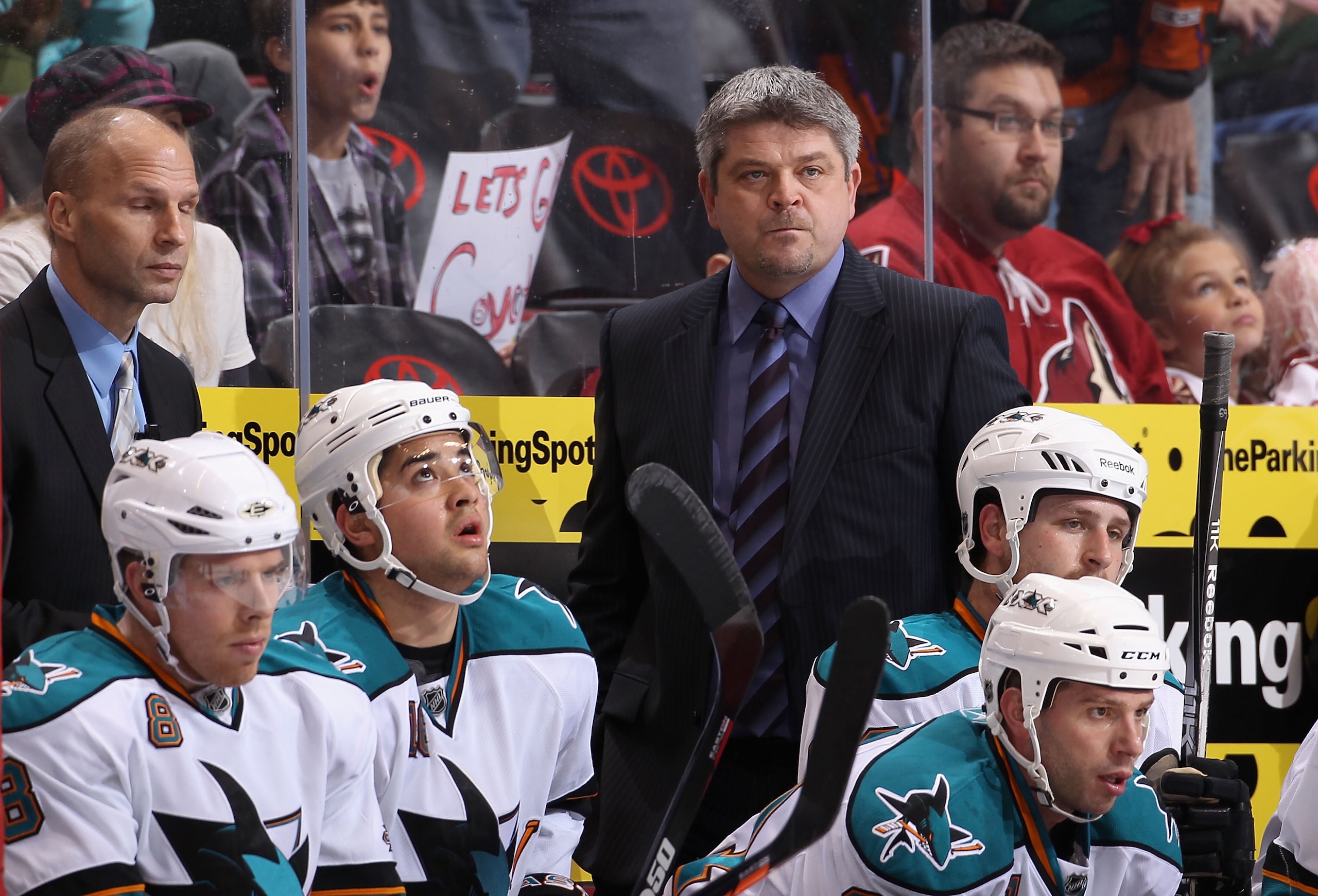 GLENDALE, AZ - JANUARY 17:  Head coach Todd McLellan of the San Jose Sharks watches from the bench during the NHL game against the Phoenix Coyotes at Jobing.com Arena on January 17, 2011 in Glendale, Arizona.  The Sharks defeated the Coyotes 4-2.  (Photo