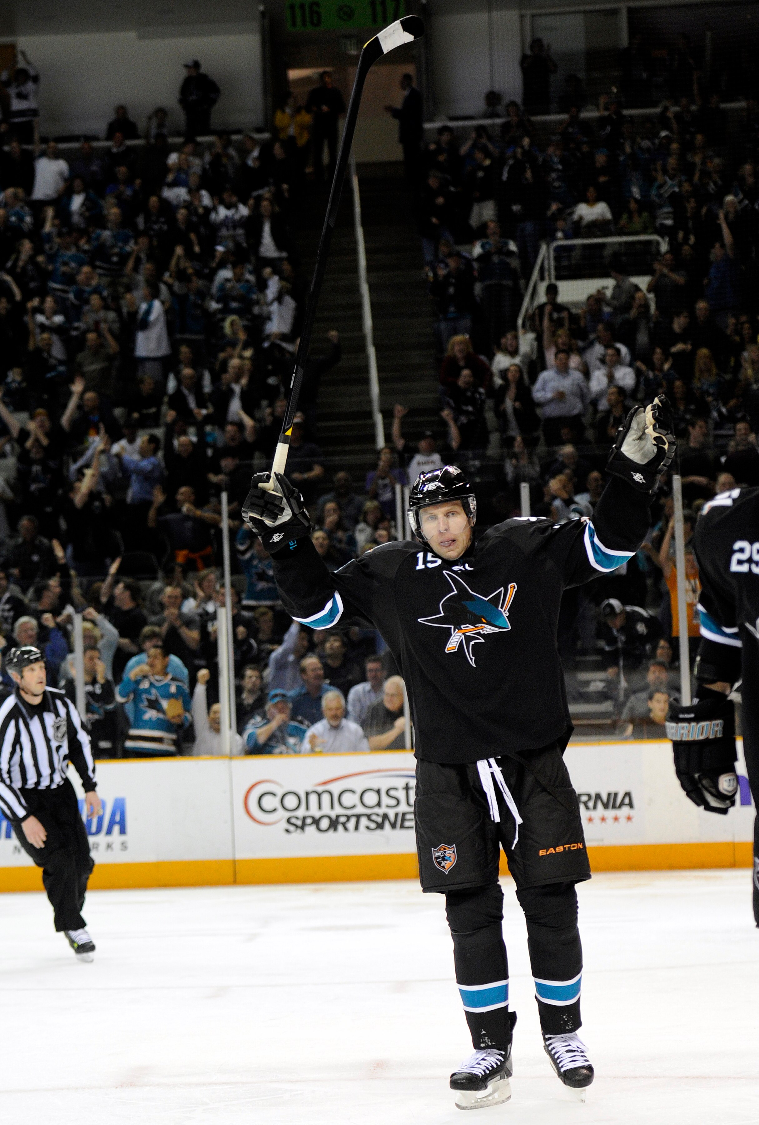 SAN JOSE, CA - MARCH 31: Dany Heatley #15 of the San Jose Sharks celebrates after teammate Logan Couture scores a goal against the Dallas Stars in the second period during an NHL hockey game at the HP Pavilion on March 31, 2011 in San Jose, California. (P SAN JOSE, CA - MARCH 31: Dany Heatley #15 of the San Jose Sharks celebrates after teammate Logan Couture scores a goal against the Dallas Stars in the second period during an NHL hockey game at the HP Pavilion on March 31, 2011 in San Jose, California. (P
