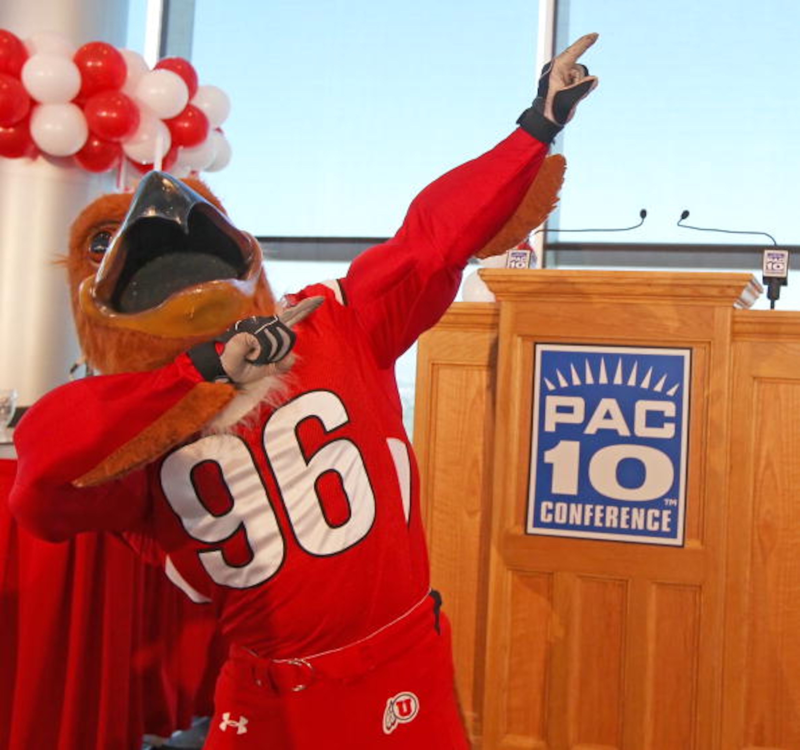 SALT LAKE CITY, UT - JUNE 17: University of Utah mascot Swoop poses before the announcement that the University will be admitted into the PAC-10 June 17, 2010 in Salt Lake City, Utah. The University of Utah was invited to join the PAC-10 for the 2011-12 a