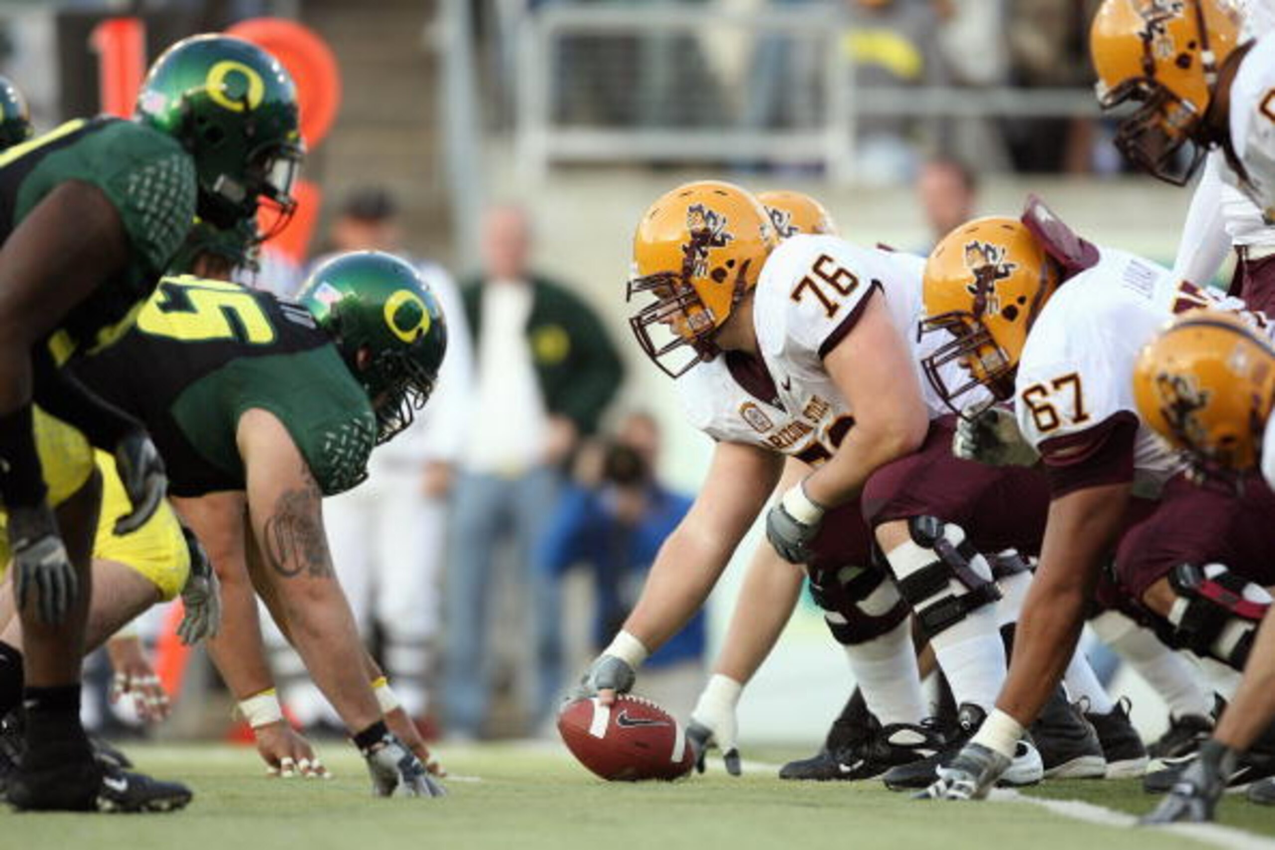 EUGENE, OR - NOVEMBER 03: Center Mike Pollack #76 of the Arizona State Sun Devils gets ready to hike the ball during the game against the Oregon Ducks at Autzen Stadium on November 3, 2007 in Eugene, Oregon. The Ducks defeated the Sun Devils 35-23. (Photo