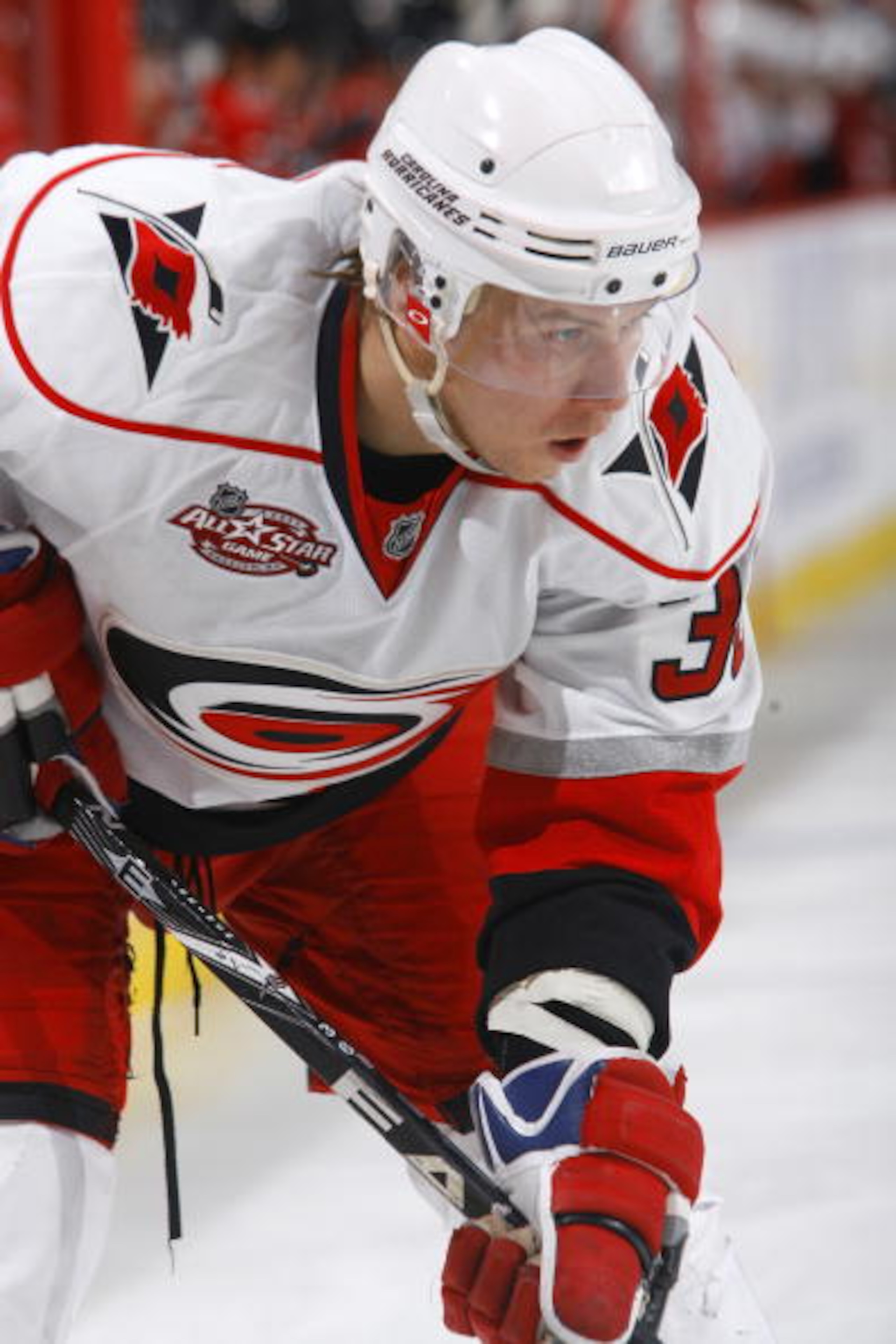 OTTAWA, ON - OCTOBER 14:  Jussi Jokinen #36 of the Carolina Hurricanes waits for the puck to drop at a faceoff in a game against the Ottawa Senators at Scotiabank Place on October 14, 2010 in Ottawa, Ontario, Canada.  The Ottawa Senators defeated the Caro