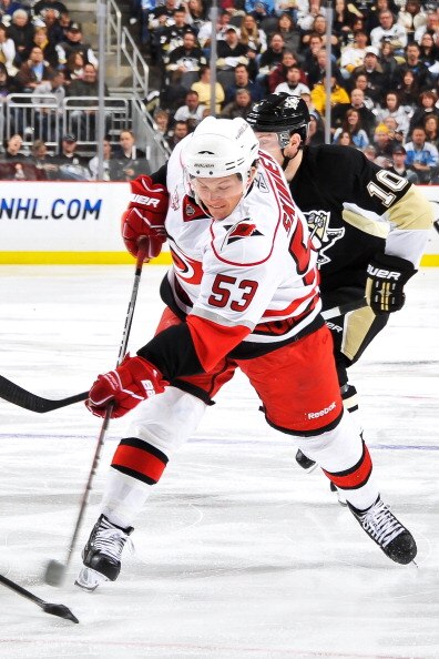PITTSBURGH - NOVEMBER 19:  Jeff Skinner #53 of the Carolina Hurricanes shoots the puck against the Pittsburgh Penguins on November 19, 2010 at Consol Energy Center in Pittsburgh, Pennsylvania.  (Photo by Jamie Sabau/Getty Images)