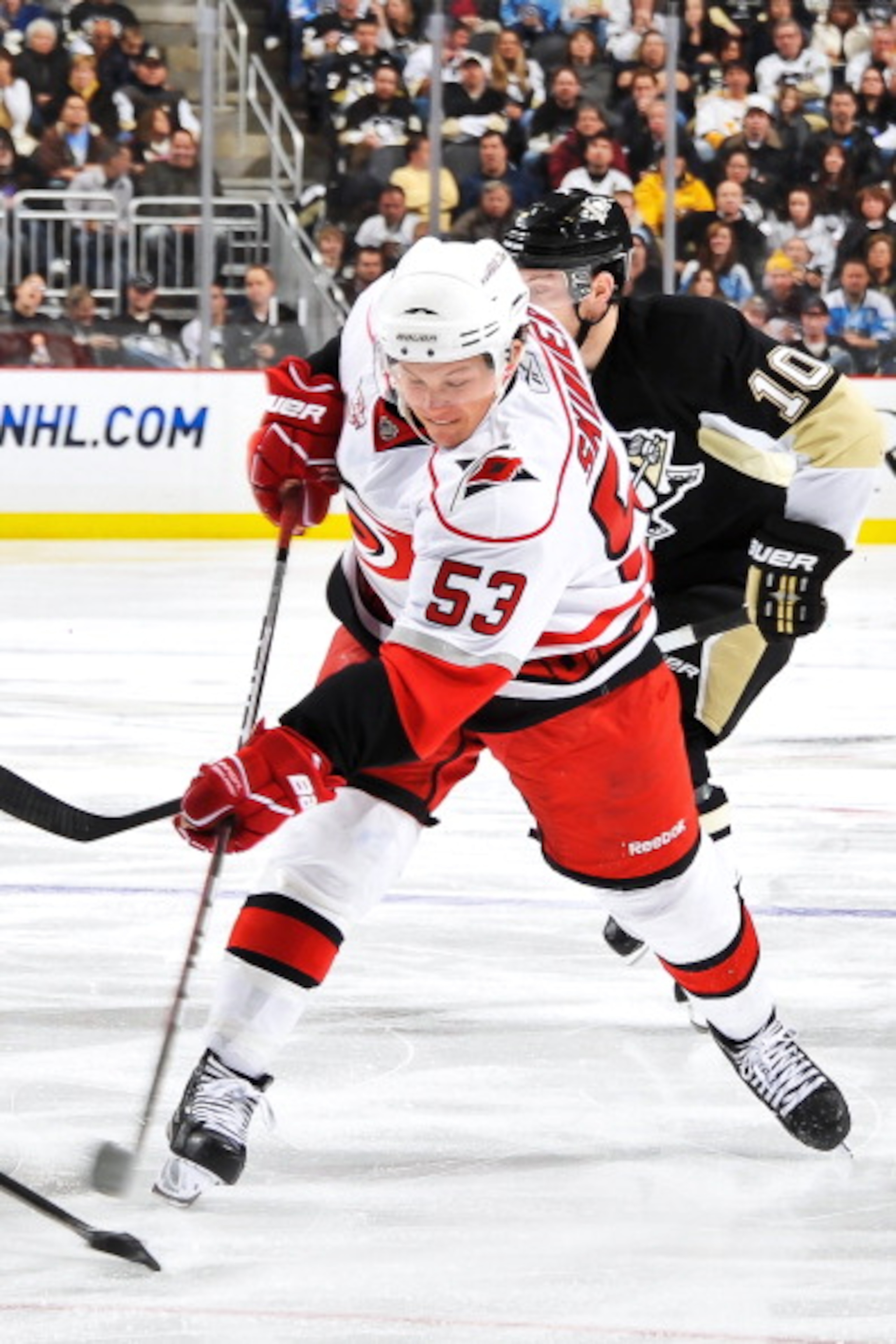 PITTSBURGH - NOVEMBER 19:  Jeff Skinner #53 of the Carolina Hurricanes shoots the puck against the Pittsburgh Penguins on November 19, 2010 at Consol Energy Center in Pittsburgh, Pennsylvania.  (Photo by Jamie Sabau/Getty Images)