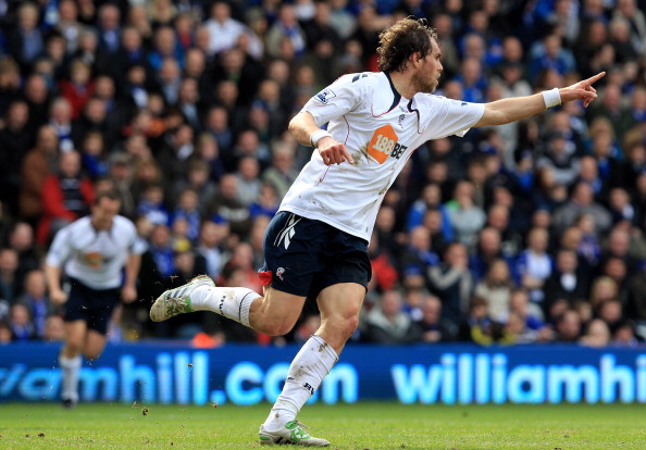 BIRMINGHAM, ENGLAND - MARCH 12:  Johan Elmander of Bolton Wanderers celebrates scoring the opening goal during the FA Cup sponsored by E.On Sixth Round match between Birmingham City and Bolton Wanderers at St Andrews on March 12, 2011 in Birmingham, Engla