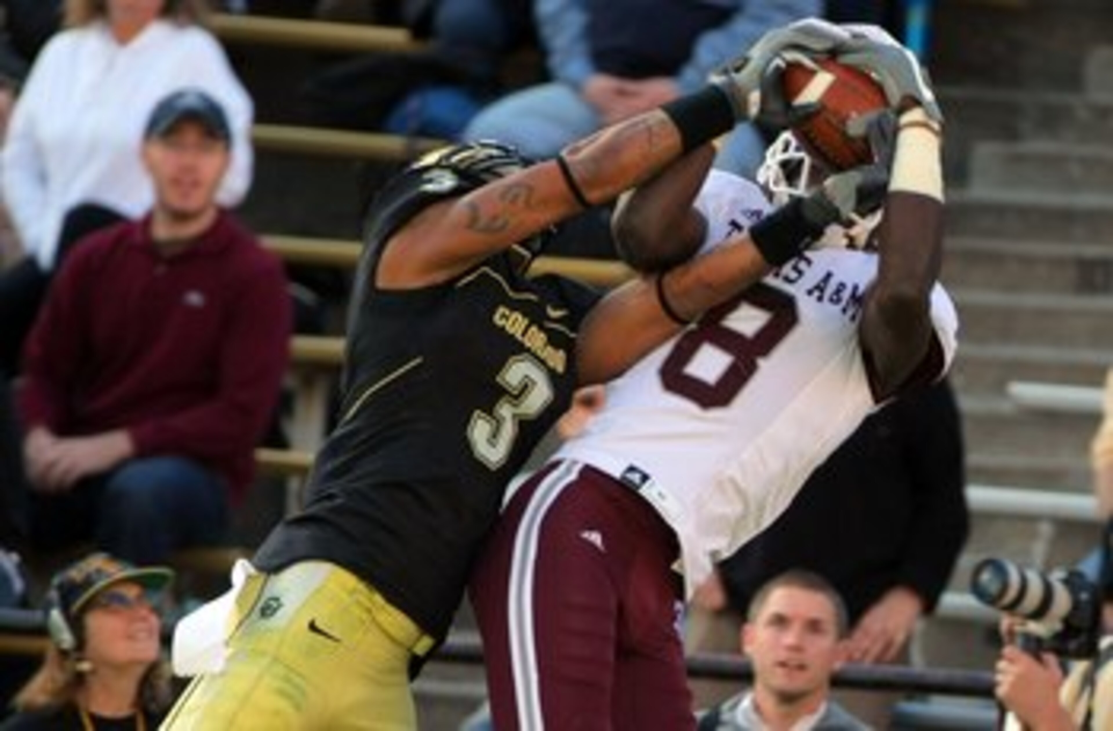 BOULDER, CO - NOVEMBER 07: Wide receiver Jeff Fuller #8 of the Texas A&M Aggies makes a reception against the defense of Jimmy Smith #3 of the Colorado Buffaloes during NCAA college football action at Folsom Field on November 7, 2009 in Boulder, Colorado BOULDER, CO - NOVEMBER 07: Wide receiver Jeff Fuller #8 of the Texas A&M Aggies makes a reception against the defense of Jimmy Smith #3 of the Colorado Buffaloes during NCAA college football action at Folsom Field on November 7, 2009 in Boulder, Colorado