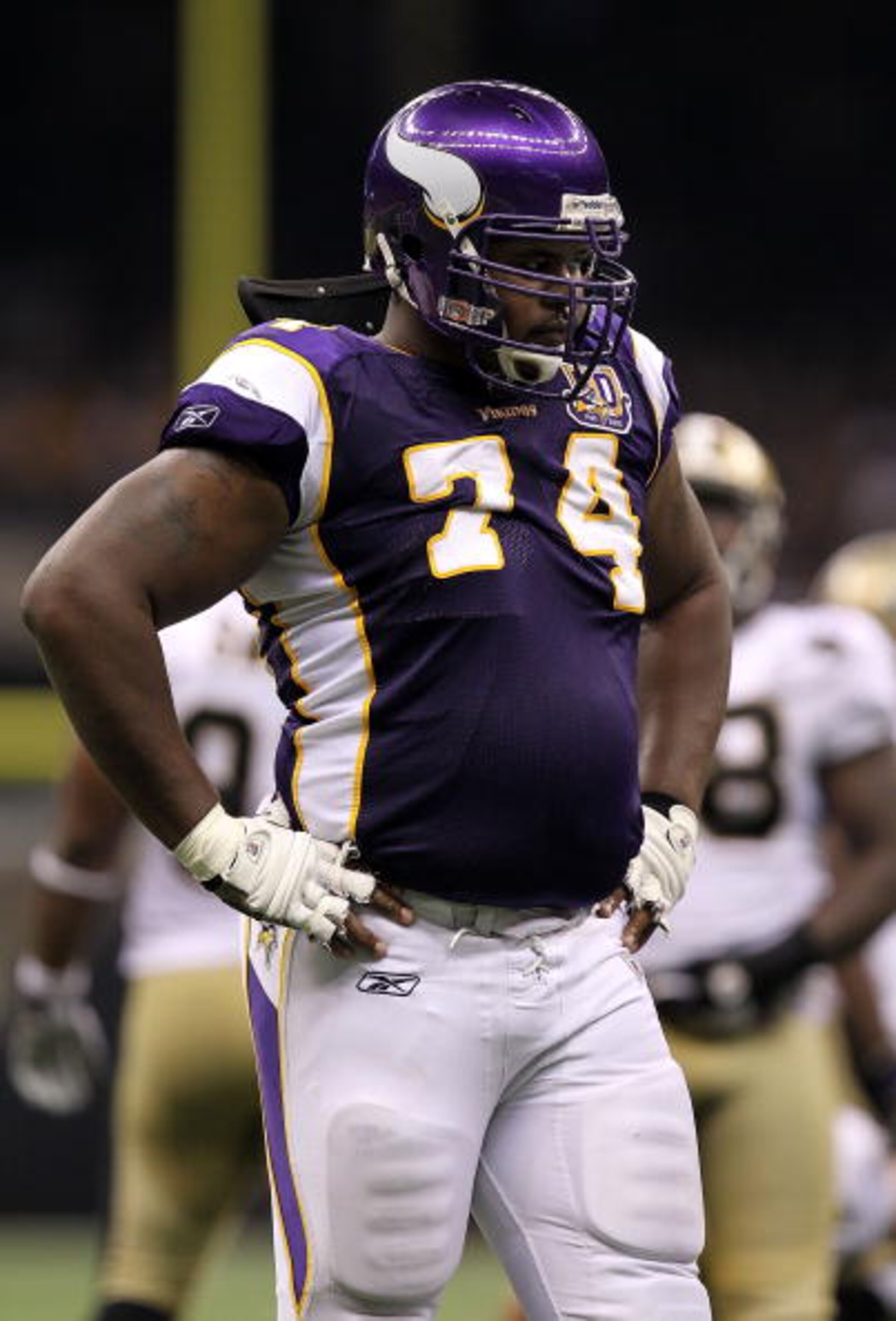 NEW ORLEANS - SEPTEMBER 09:  Bryant McKinnie #74 of the Minnesota Vikings at Louisiana Superdome on September 9, 2010 in New Orleans, Louisiana.  (Photo by Ronald Martinez/Getty Images)