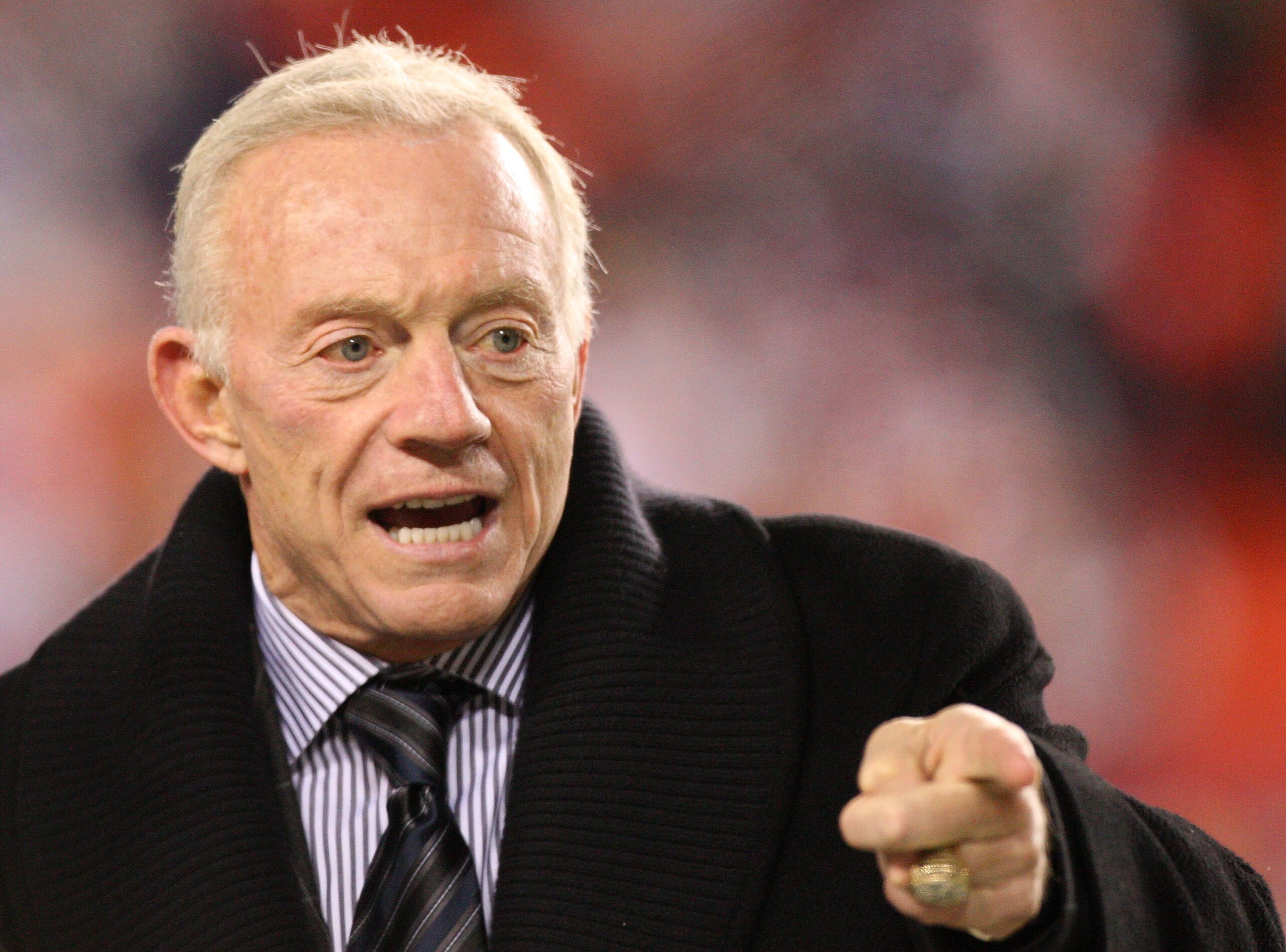 LANDOVER, MD - NOVEMBER 16:  Owner of the Dallas Cowboys, Jerry Jones, looks on during warmups before the game against the Washington Redskins on November 16, 2008 at FedEx Field in Landover, Maryland.  (Photo by Jim McIsaac/Getty Images)