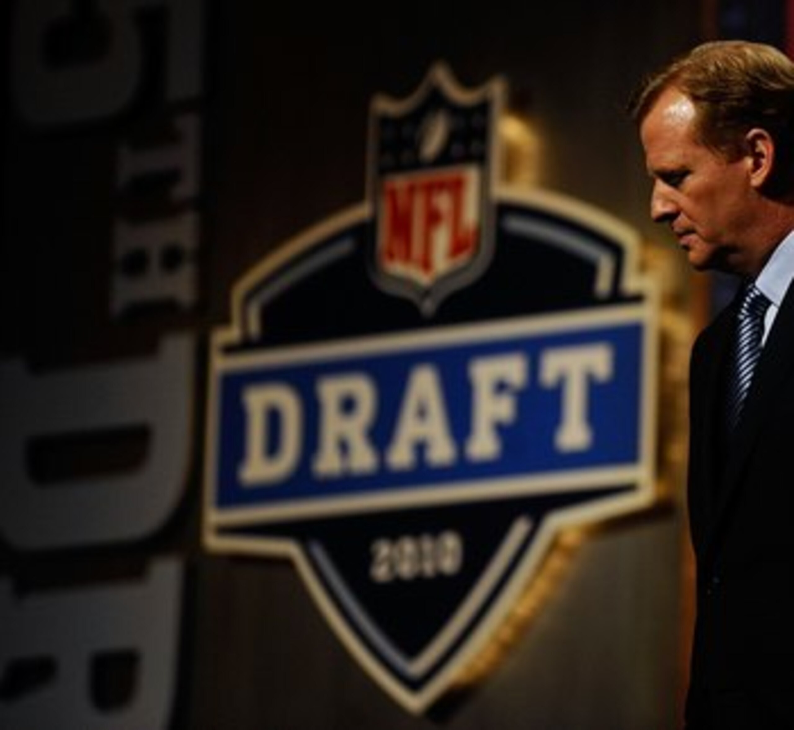 NEW YORK - APRIL 22:  NFL Commissioner Roger Goodell looks on as he stands on stage during the first round of the 2010 NFL Draft at Radio City Music Hall on April 22, 2010 in New York City.  (Photo by Jeff Zelevansky/Getty Images)