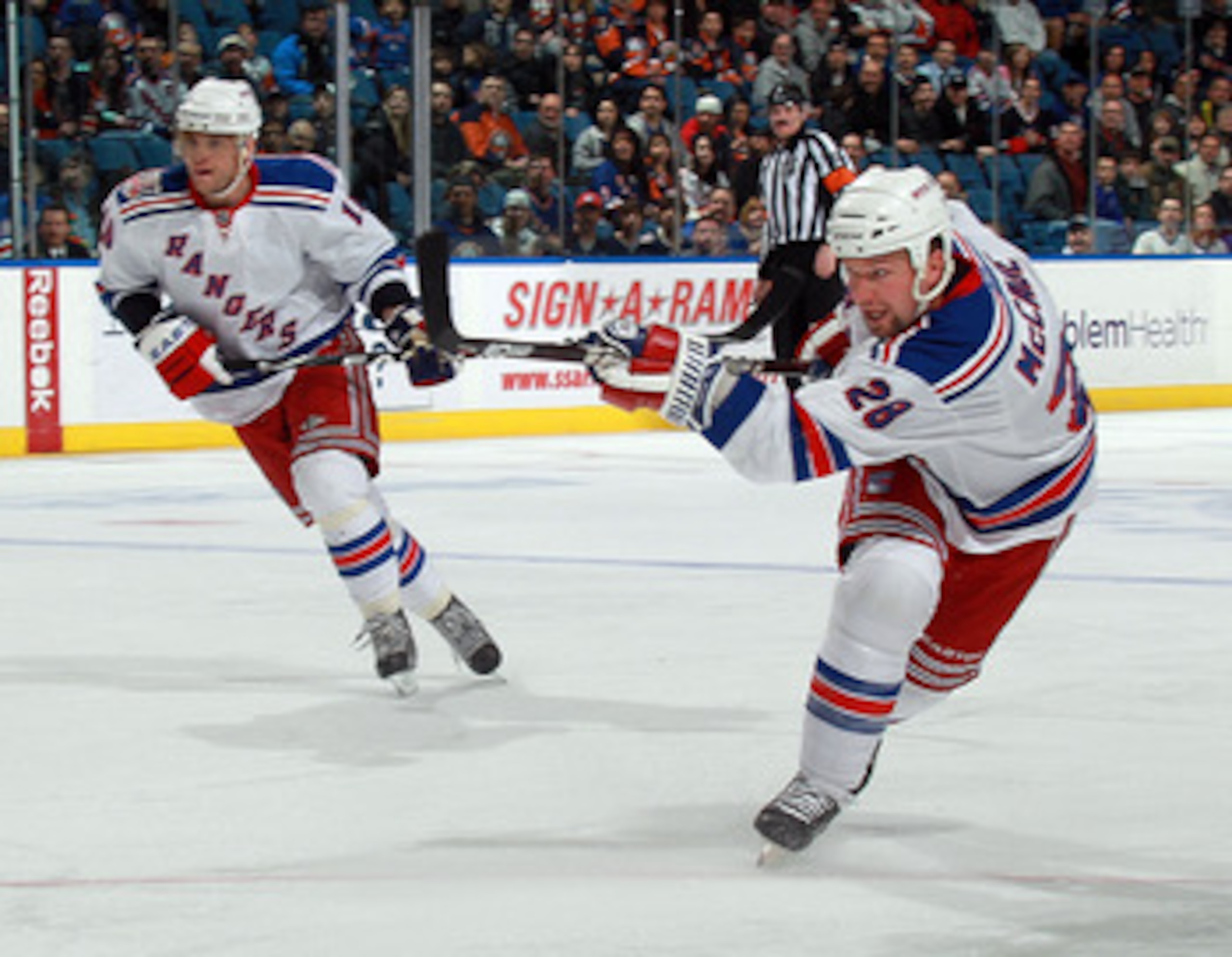 UNIONDALE, NY - MARCH 31:  Bryan McCabe #28 of the New York Rangers skates against the New York Islanders at the Nassau Coliseum on March 31, 2011 in Uniondale, New York.  (Photo by Bruce Bennett/Getty Images)