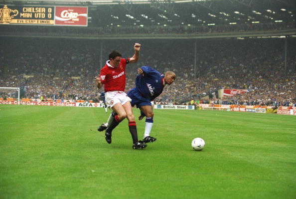 14 May 1994:   Mark Stein (right) of Chelsea tackles Steve Bruce (left) of Manchester United during the FA Cup Final at Wembley Stadium in London. Manchester United won the match 4-0. \ Mandatory Credit: Allsport UK /Allsport