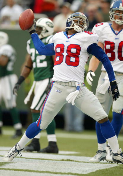 New York Giants Jeremy Shockey (80) celebrates after making a touchdown in  the third quarter against the New York Jets on Sunday, October 7, 2007, at  Giants Stadium in East Rutherford, New