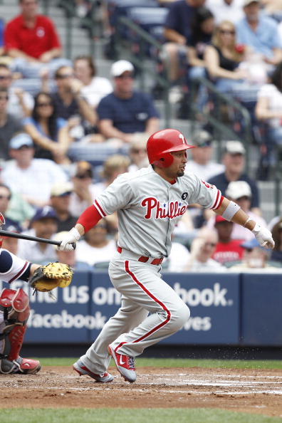 Philadelphia Phillies' Shane Victorino follows through on a hit