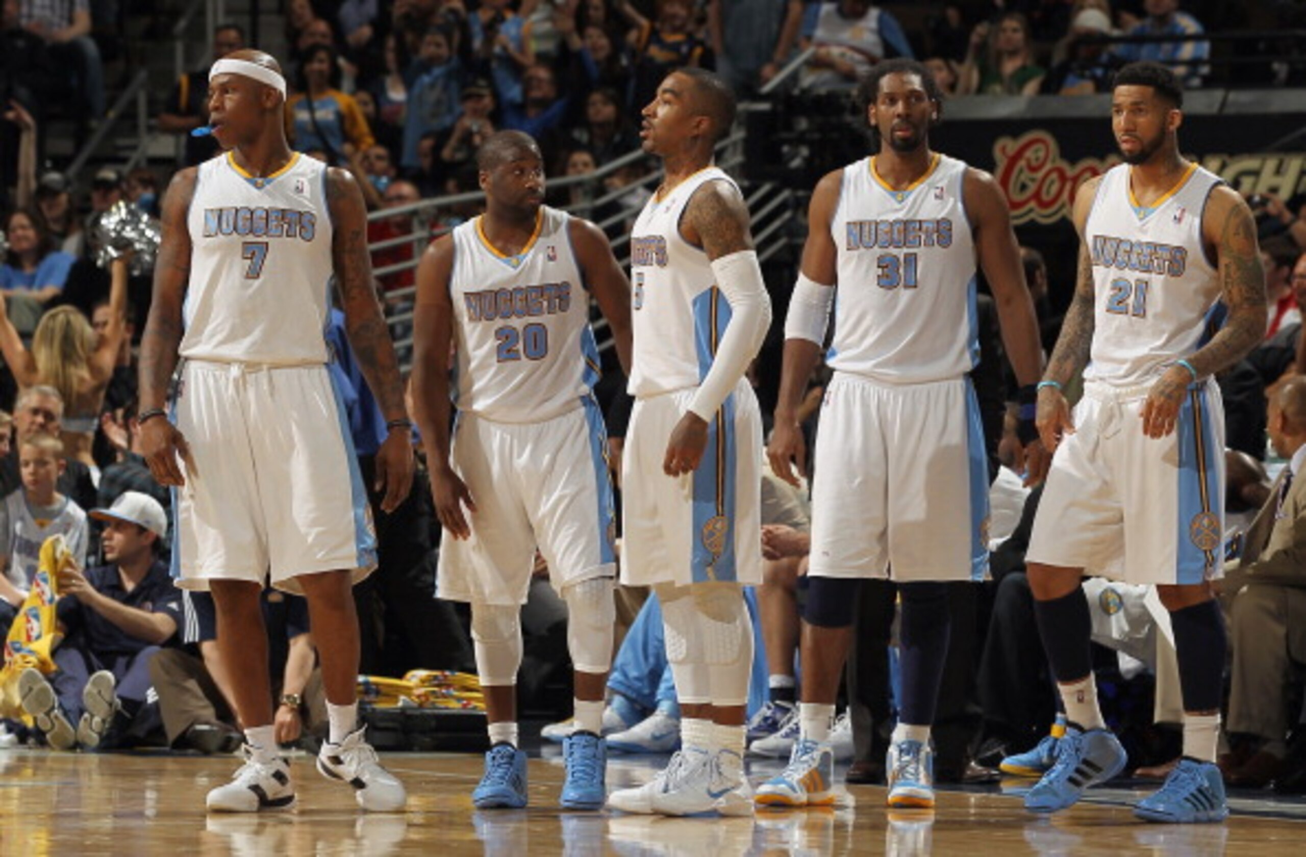 DENVER, CO - MARCH 23: (L-R) Al Harrington #7, Raymond Felton #20, J.R. Smith #5, Nene #31 and Wilson Chandler #21 of the Denver Nuggets head back to the court after a time out against the San Antonio Spurs at the Pepsi Center on March 23, 2011 in Denver DENVER, CO - MARCH 23: (L-R) Al Harrington #7, Raymond Felton #20, J.R. Smith #5, Nene #31 and Wilson Chandler #21 of the Denver Nuggets head back to the court after a time out against the San Antonio Spurs at the Pepsi Center on March 23, 2011 in Denver