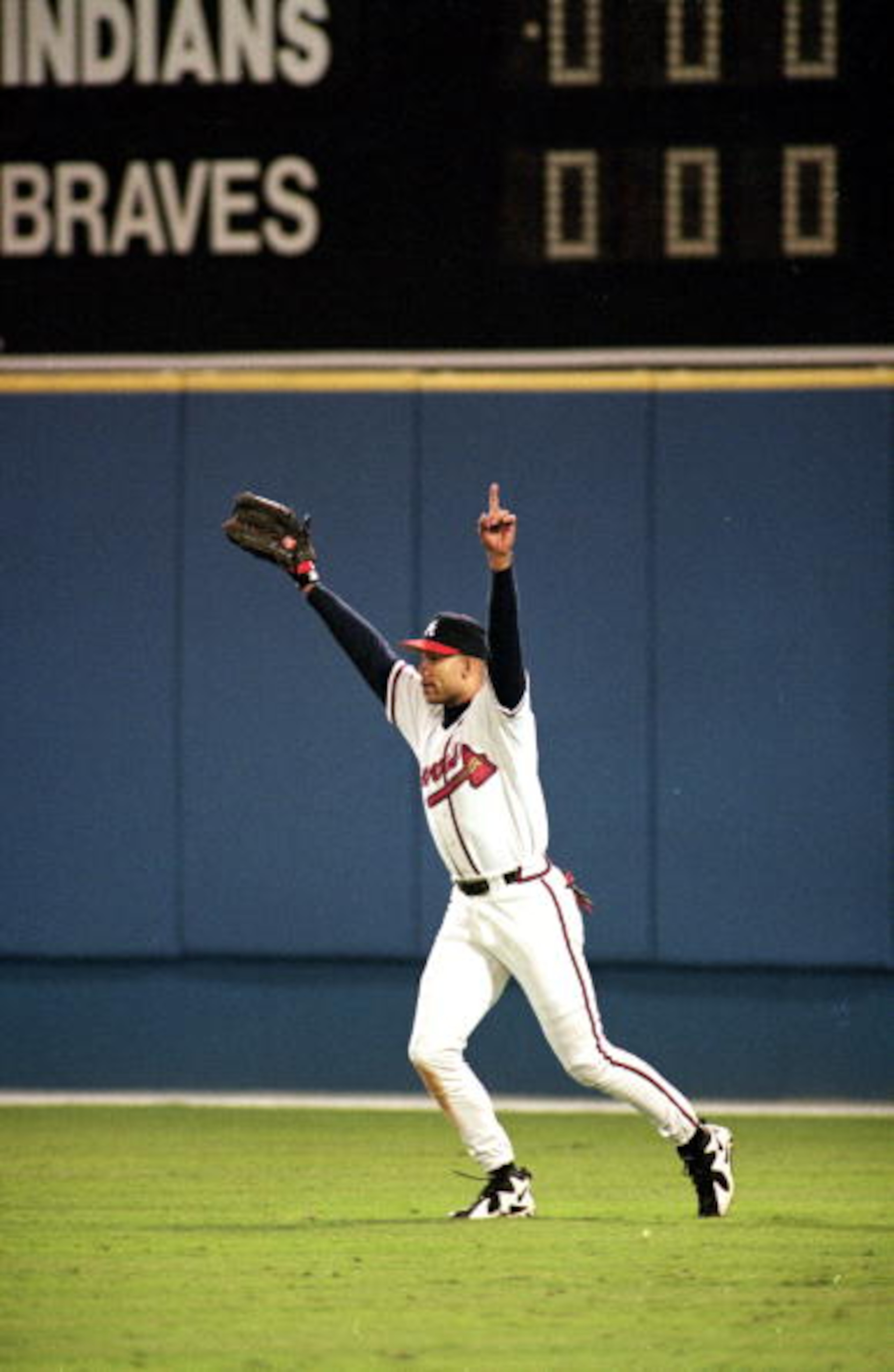 28 Oct 1995: David Justice #23 of the Atlanda Braves celebrates on the field during  game six of the World Series against the Cleveland Indians at the Fulton County Stadium in Atlanta, Georgia. The Braves defeated the Indians 1-0. Mandatory Credit: Otto G