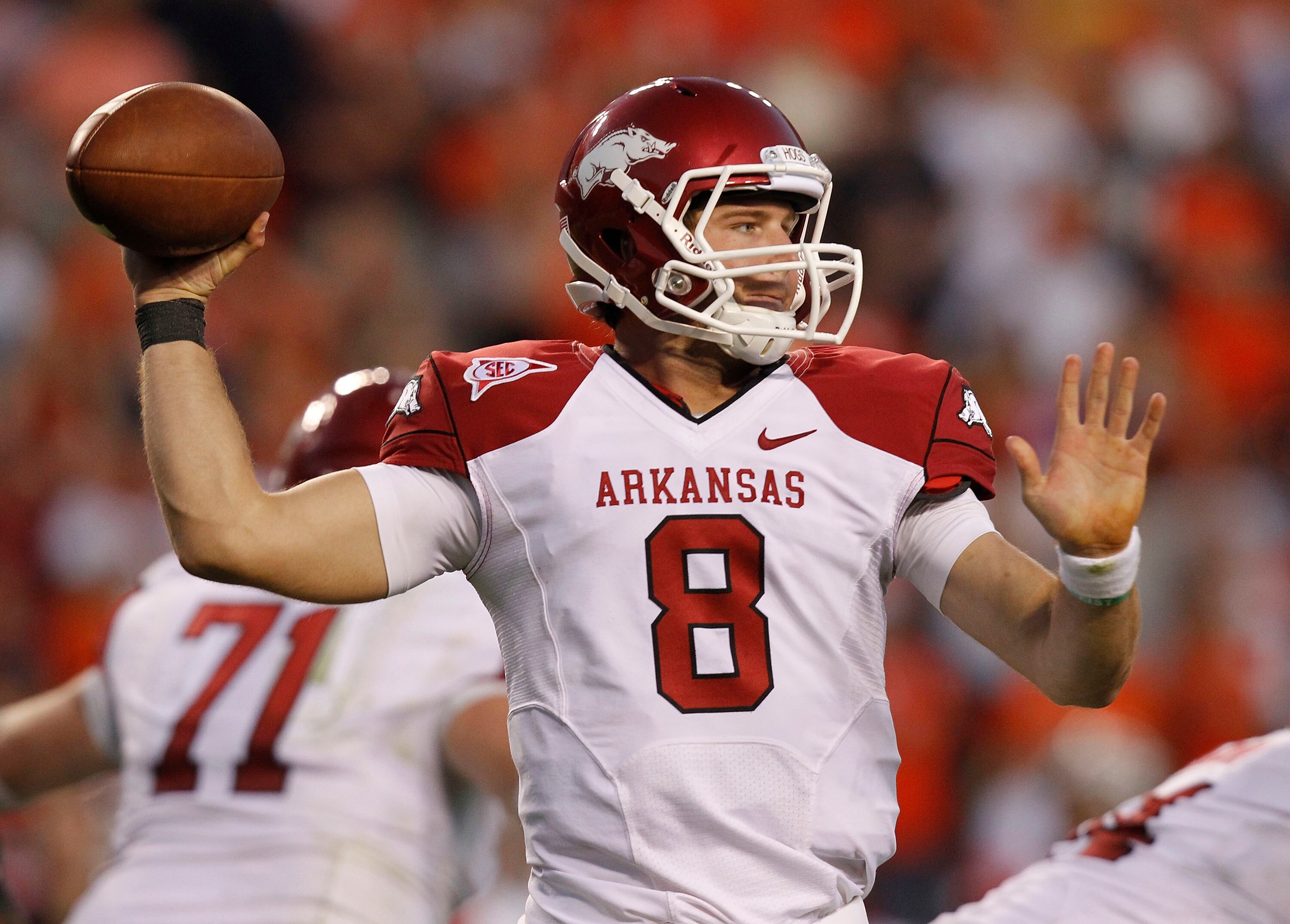 AUBURN - OCTOBER 16:  Backup quarterback Tyler Wilson #8 of the Arkansas Razorbacks threw for 332 yards and 4 touchdowns during the game against the Auburn Tigers at Jordan-Hare Stadium on October 16, 2010 in Auburn, Alabama.  The Tigers beat the Razorbac