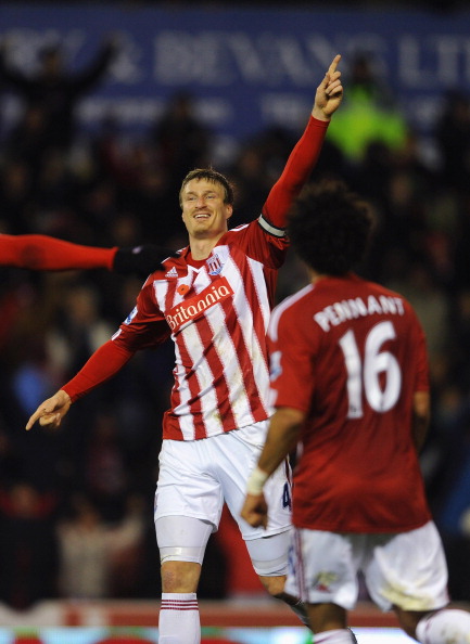 STOKE ON TRENT, ENGLAND - NOVEMBER 09:  Robert Huth of Stoke celebrates scoring to make it 1-0 during the Barclays Premier League match between Stoke City and Birmingham City at the Britannia Stadium on November 9, 2010 in Stoke on Trent, England.  (Photo