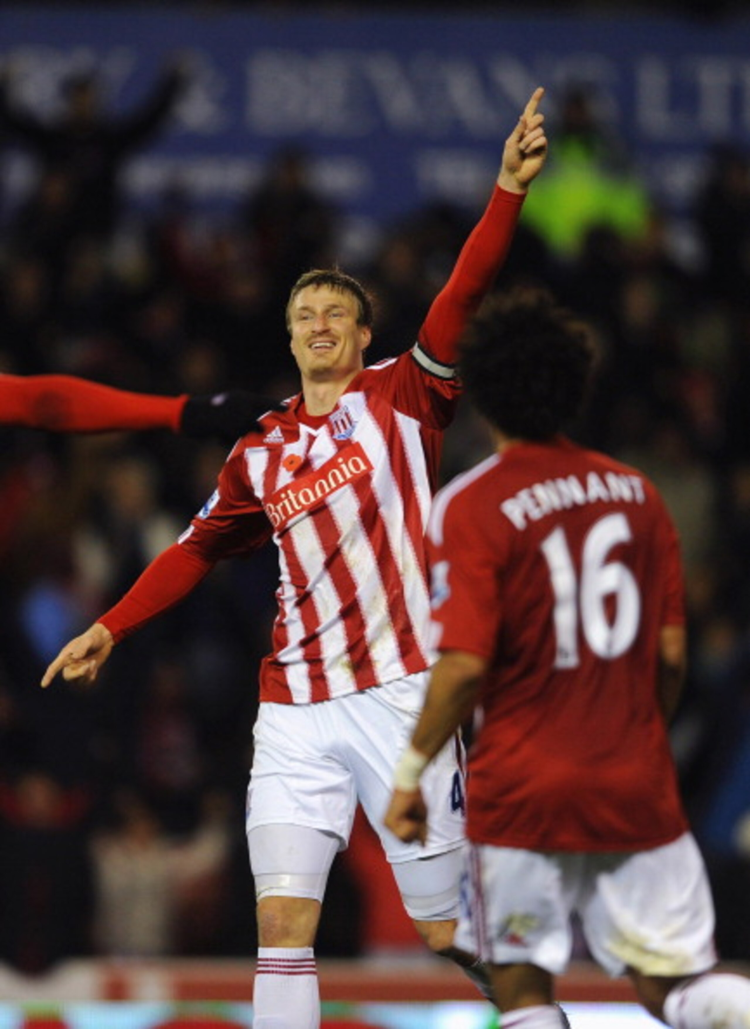 STOKE ON TRENT, ENGLAND - NOVEMBER 09: Robert Huth of Stoke celebrates scoring to make it 1-0 during the Barclays Premier League match between Stoke City and Birmingham City at the Britannia Stadium on November 9, 2010 in Stoke on Trent, England. (Photo STOKE ON TRENT, ENGLAND - NOVEMBER 09: Robert Huth of Stoke celebrates scoring to make it 1-0 during the Barclays Premier League match between Stoke City and Birmingham City at the Britannia Stadium on November 9, 2010 in Stoke on Trent, England. (Photo