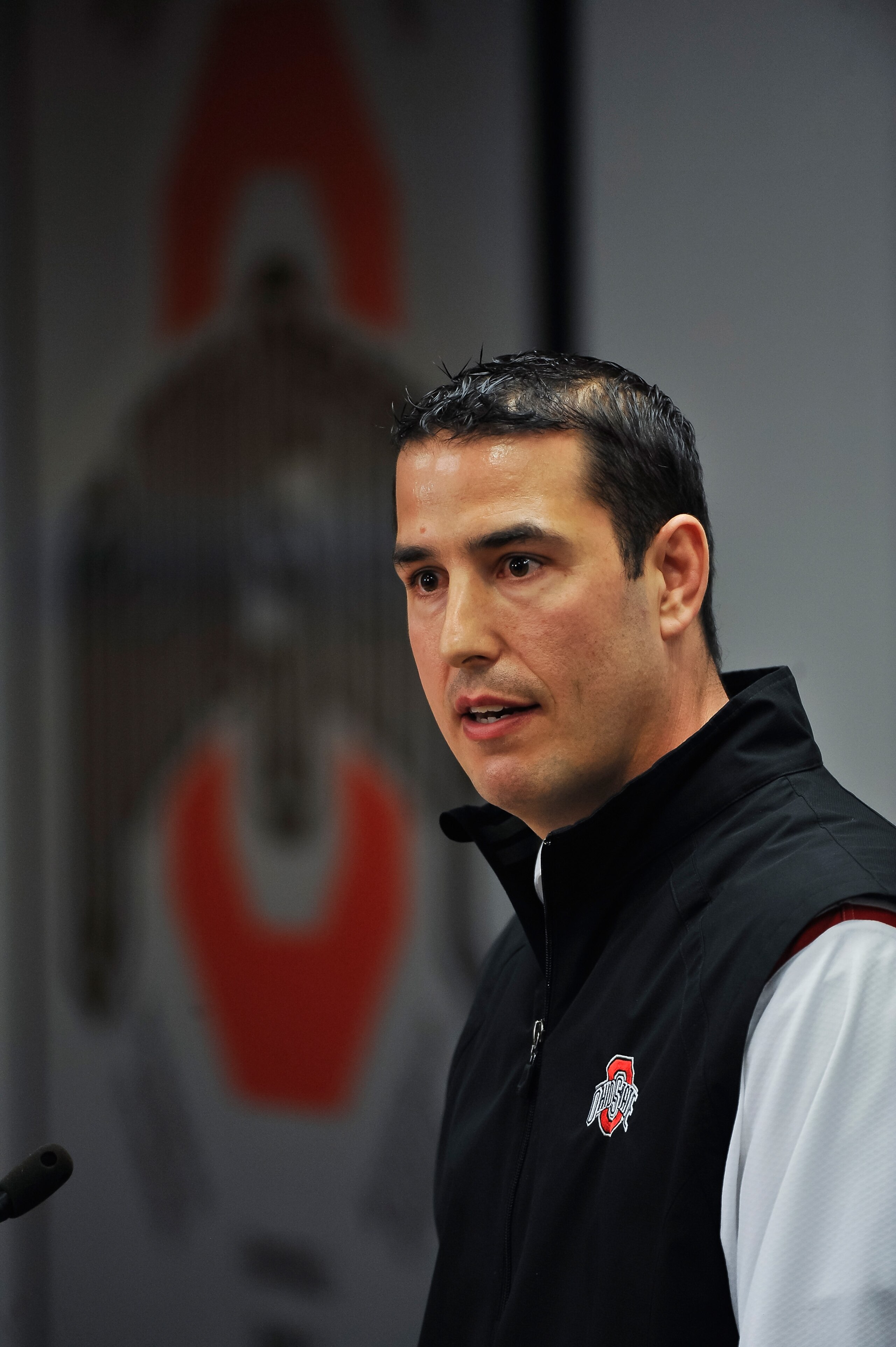 COLUMBUS, OH - MARCH 30:  Assistant Head Coach Luke Fickell speaks to the media during a press conference before the start of Spring practices at the Woody Hayes Athletic Center at The Ohio State University on March 30, 2011 in Columbus, Ohio. Fickell wil