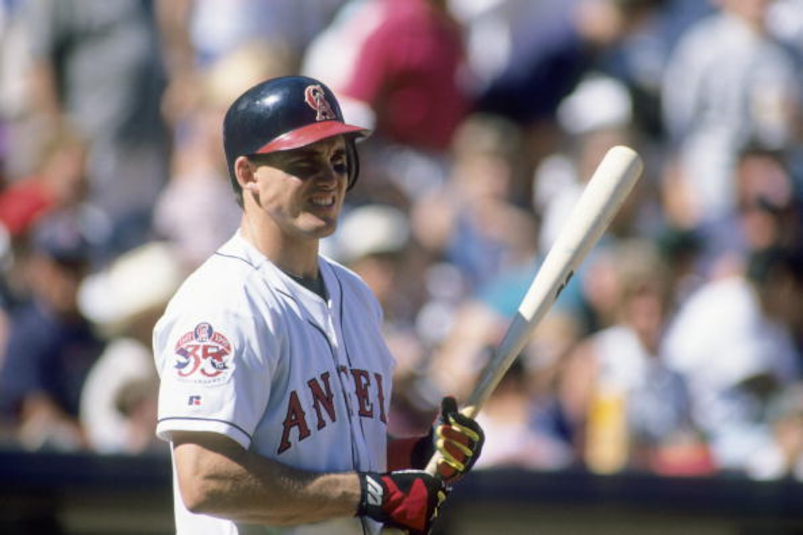 ANAHEIM, CA - OCTOBER 1:  Tim Salmon #15 of the California Angels stands at the plate during the game against the Oakland Athletics at Anaheim Stadium on October 1, 1995 in Anaheim, California. (Photo by J.D. Cuban/Getty Images)