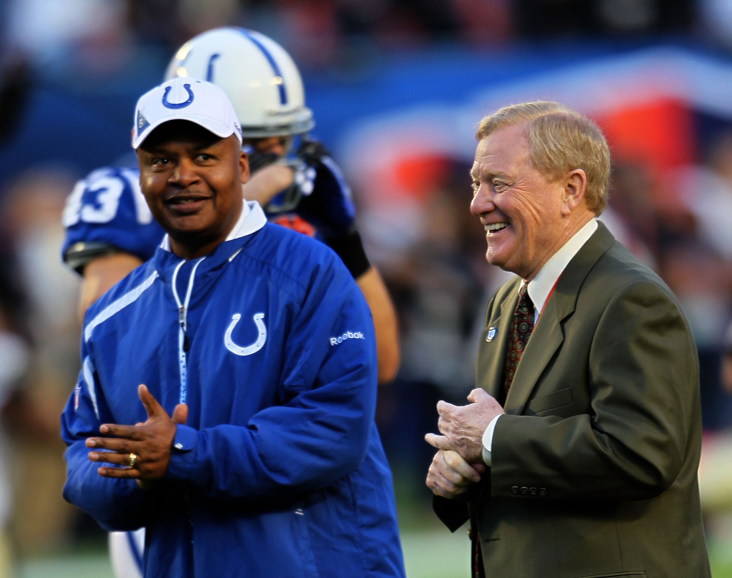 MIAMI GARDENS, FL - FEBRUARY 07: Head Coach Jim Caldwell (L) of the Indianapolis Colts stands on the field during warm ups with President of the Indianapolis Colts Bill Polian prior to Super Bowl XLIV against the New Orleans Saints on February 7, 2010 at MIAMI GARDENS, FL - FEBRUARY 07: Head Coach Jim Caldwell (L) of the Indianapolis Colts stands on the field during warm ups with President of the Indianapolis Colts Bill Polian prior to Super Bowl XLIV against the New Orleans Saints on February 7, 2010 at