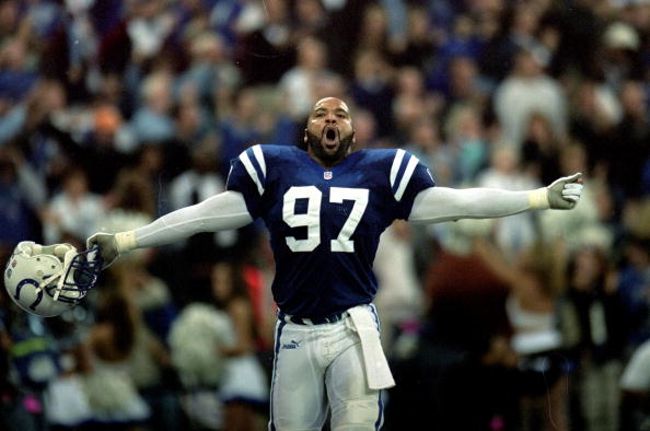 12 Dec 1999: Cornelius Bennett #97 of the Indianapolis Colts celebrates on the field as he yells during a game against the New England Patriots at the RCA Dome in Indianapolis, Indiana. The Colts defeated the Patriots 20-15. Mandatory Credit: Elsa Hasch
