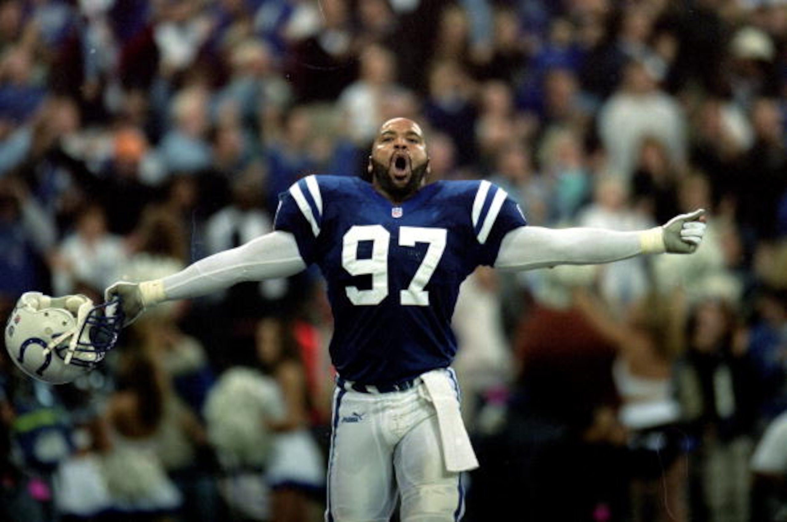 12 Dec 1999: Cornelius Bennett #97 of the Indianapolis Colts celebrates on the field as he yells during a game against the New England Patriots at the RCA Dome in Indianapolis, Indiana. The Colts defeated the Patriots 20-15. Mandatory Credit: Elsa Hasch 12 Dec 1999: Cornelius Bennett #97 of the Indianapolis Colts celebrates on the field as he yells during a game against the New England Patriots at the RCA Dome in Indianapolis, Indiana. The Colts defeated the Patriots 20-15. Mandatory Credit: Elsa Hasch