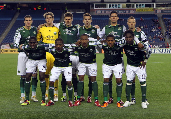 FOXBORO, MA - APRIL 2:  The starting team of the Portland Timbers prepare to battle the New England Revolution at Gillette Stadium on April 2, 2011 in Foxboro, Massachusetts. (Photo by Jim Rogash/Getty Images)