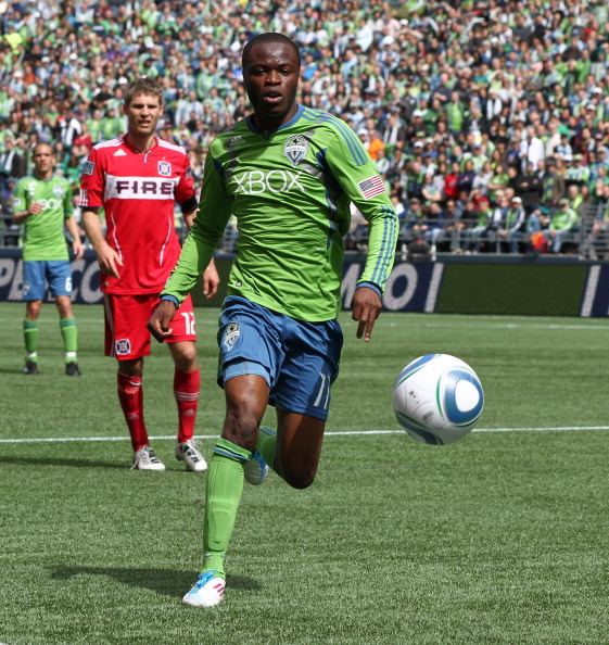 SEATTLE - APRIL 09:  Steve Zakuani #11 of the Seattle Sounders FC controls the ball during the game against the Chicago Fire at Qwest Field on April 9, 2011 in Seattle, Washington. (Photo by Otto Greule Jr/Getty Images)