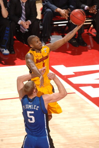 COLLEGE PARK, MD - FEBRUARY 2: Adrian Bowie #1 of the Maryland Terrapins drives to the basket over Mason Plumlee #21 of Duke Blue Devils during a college basketball game on February 2, 2011 at the Comcast Arena in College Park, Maryland. The Bleu Devils w
