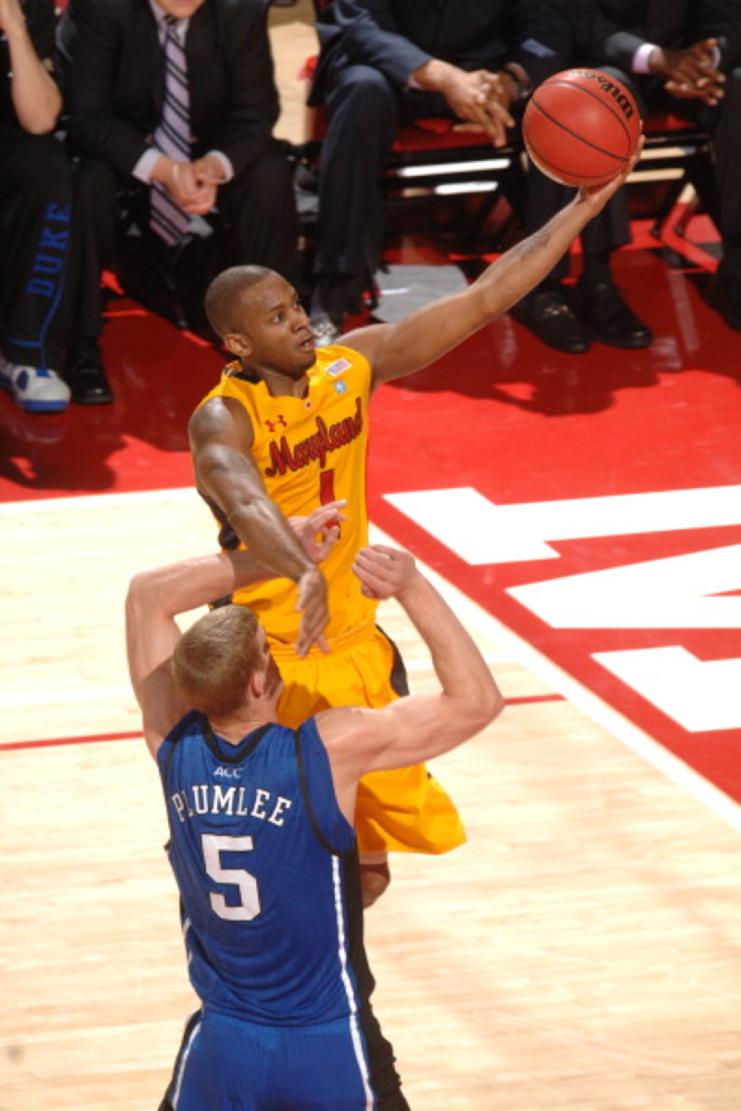 COLLEGE PARK, MD - FEBRUARY 2: Adrian Bowie #1 of the Maryland Terrapins drives to the basket over Mason Plumlee #21 of Duke Blue Devils during a college basketball game on February 2, 2011 at the Comcast Arena in College Park, Maryland. The Bleu Devils w