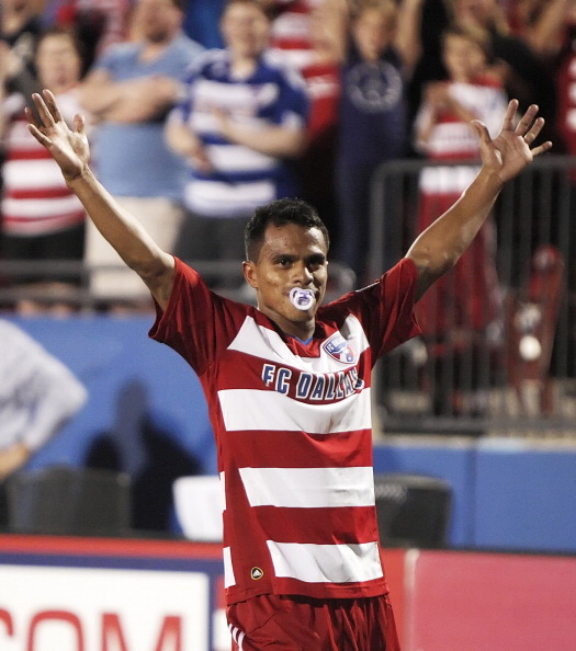 FRISCO, TX - APRIL 8: David Ferreira #10 of FC Dallas celebrates scoring a goal against the Colorado Rapids while sucking on a pacifier during the first half of a soccer game at Pizza Hut Park on April 8, 2011 in Frisco, Texas. (Photo by Brandon Wade/Gett
