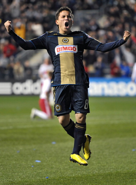 CHESTER, PA- APRIL 09: \Roger Torres #8 of the Philadelphia Union celebrates his game winning goal during the game against the New York Red Bulls at PPL Park on April 9, 2011 in Chester, Pennsylvania. The Union won 1-0. (Photo by Drew Hallowell/Getty Imag