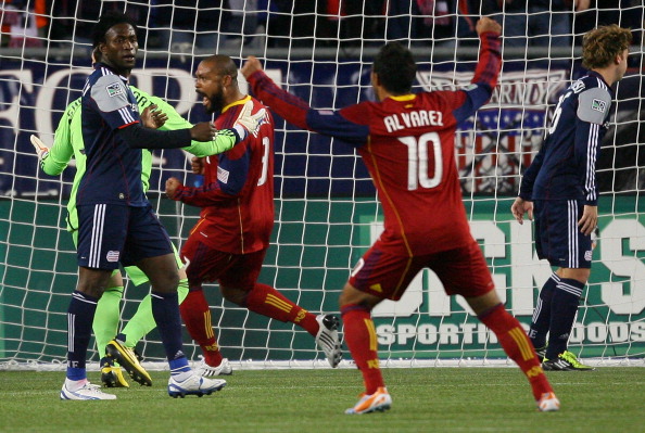 FOXBORO, MA - APRIL 9:  Robbie Russell #3 and Arturo Alvarez #10 of Real Salt Lake celebrate a goal against the New England Revolution at Gillette Stadium April 9, 2011 in Foxboro, Massachusetts. (Photo by Gail Oskin/Getty Images)