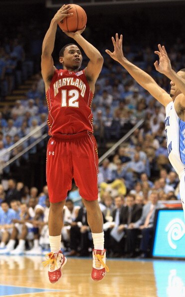 CHAPEL HILL, NC - FEBRUARY 27:  Terrell Stoglin #12 of the Maryland Terrapins shoots the ball over Kendall Marshall #5 of the North Carolina Tar Heels during their game at the Dean E. Smith Center on February 27, 2011 in Chapel Hill, North Carolina.  (Pho