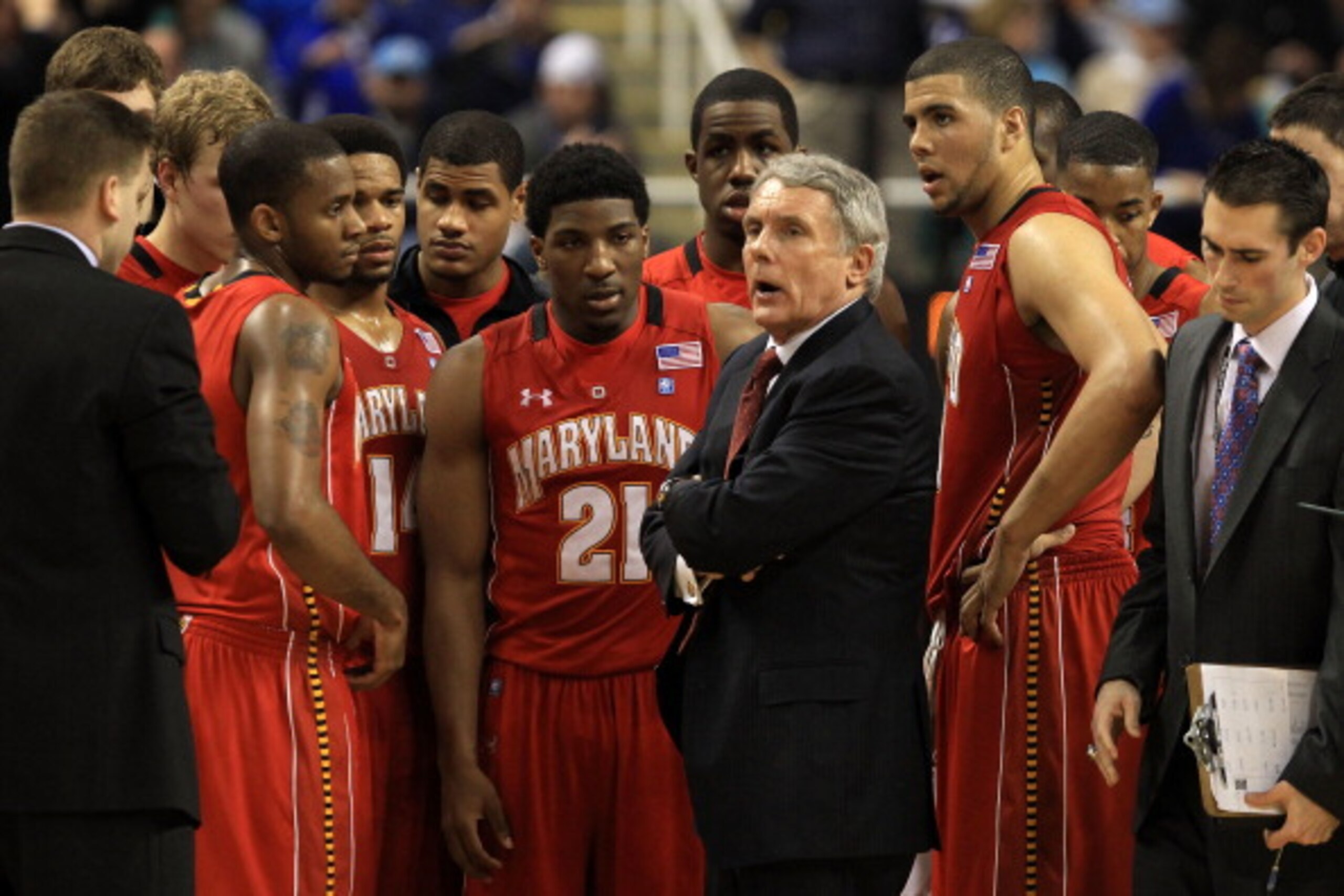 GREENSBORO, NC - MARCH 11:  Head coach Gary Williams of the Maryland Terrapins talks with the team during the first half of the game against the Duke Blue Devils in the quarterfinals of the 2011 ACC men's basketball tournament at the Greensboro Coliseum o