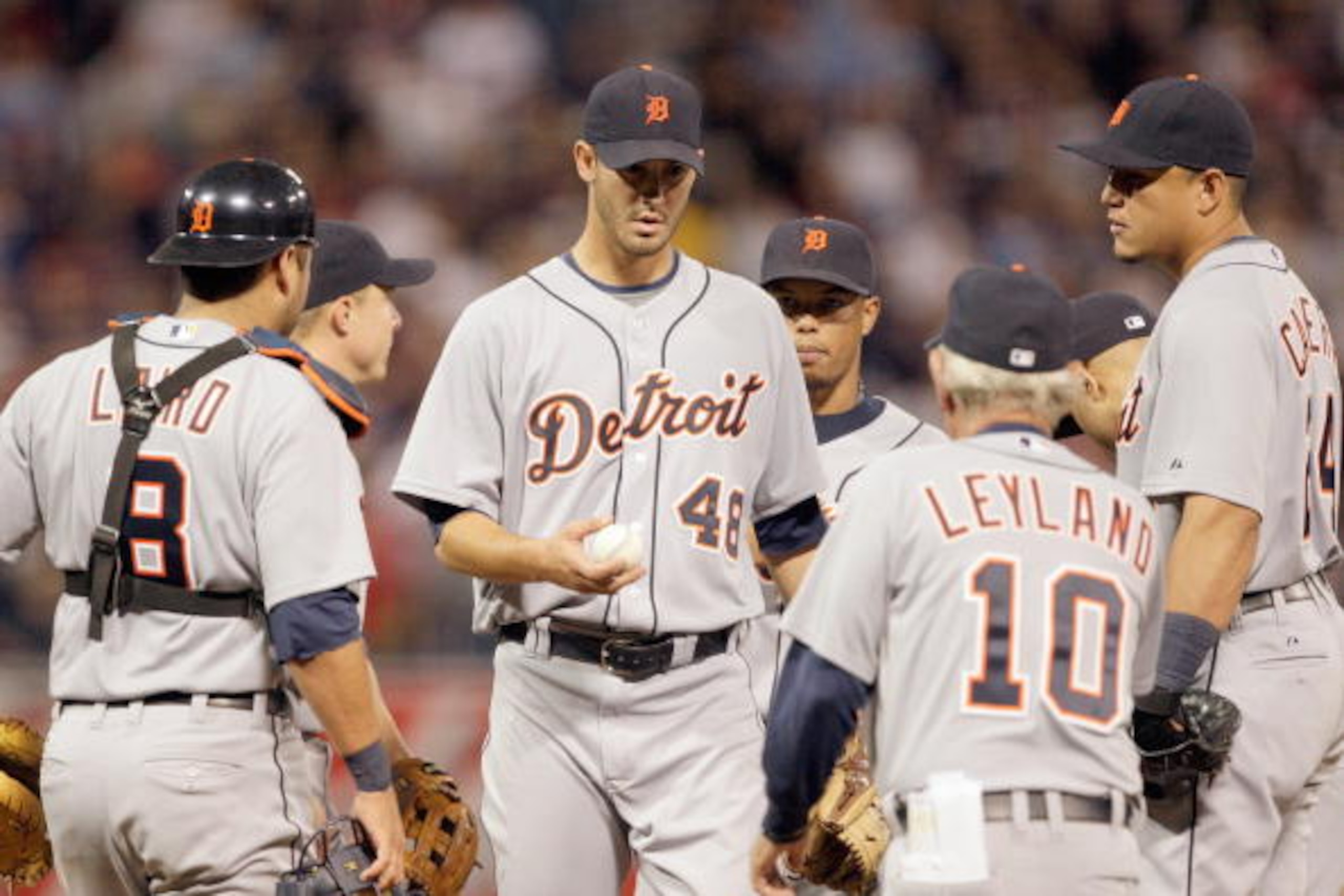 MINNEAPOLIS - OCTOBER 06: Starting pitcher Rick Porcello #48 of the Detroit Tigers is relieved by manager Jim Leyland during the American League Tiebreaker game against the Minnesota Twins on October 6, 2009 at Hubert H. Humphrey Metrodome in Minneapolis,