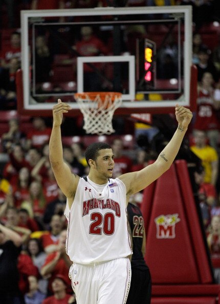 COLLEGE PARK, MD - FEBRUARY 23: Jordan Williams #20 of the Maryland Terrapins celebrates against the Florida State Seminoles at the Comast Center on February 23, 2011 in College Park, Maryland.  (Photo by Rob Carr/Getty Images)