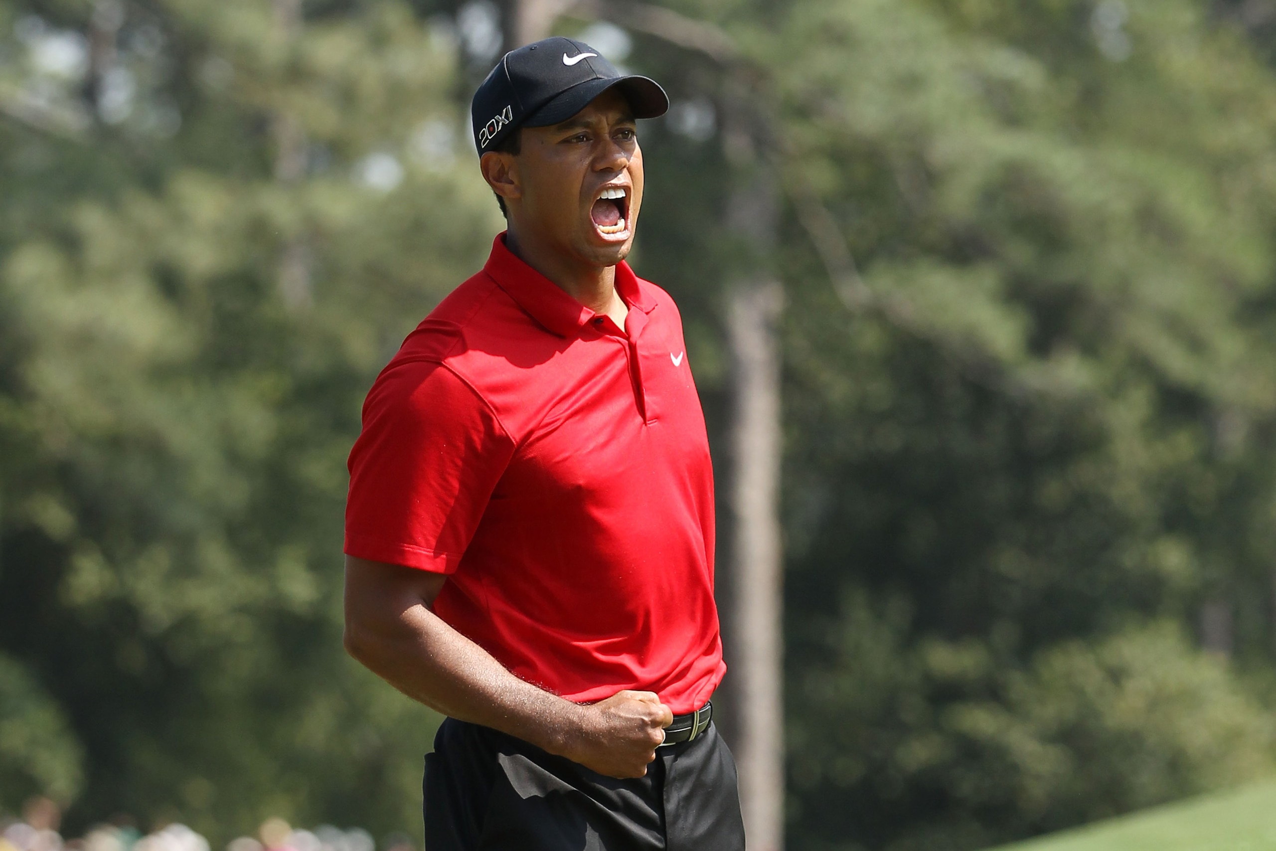 AUGUSTA, GA - APRIL 10: Tiger Woods celebrates after holing a putt for eagle on the eighth green during the final round of the 2011 Masters Tournament on April 10, 2011 in Augusta, Georgia. (Photo by Andrew Redington/Getty Images) AUGUSTA, GA - APRIL 10: Tiger Woods celebrates after holing a putt for eagle on the eighth green during the final round of the 2011 Masters Tournament on April 10, 2011 in Augusta, Georgia. (Photo by Andrew Redington/Getty Images)