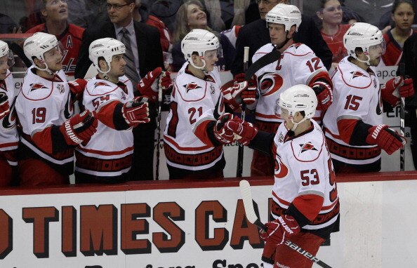 WASHINGTON, DC - MARCH 29:  Jeff Skinner #53 of the Carolina Hurricanes celelbrates with the bench after scoring against the Washington Capitalsduring the third period at the Verizon Center on March 29, 2011 in Washington, DC.  (Photo by Rob Carr/Getty Im