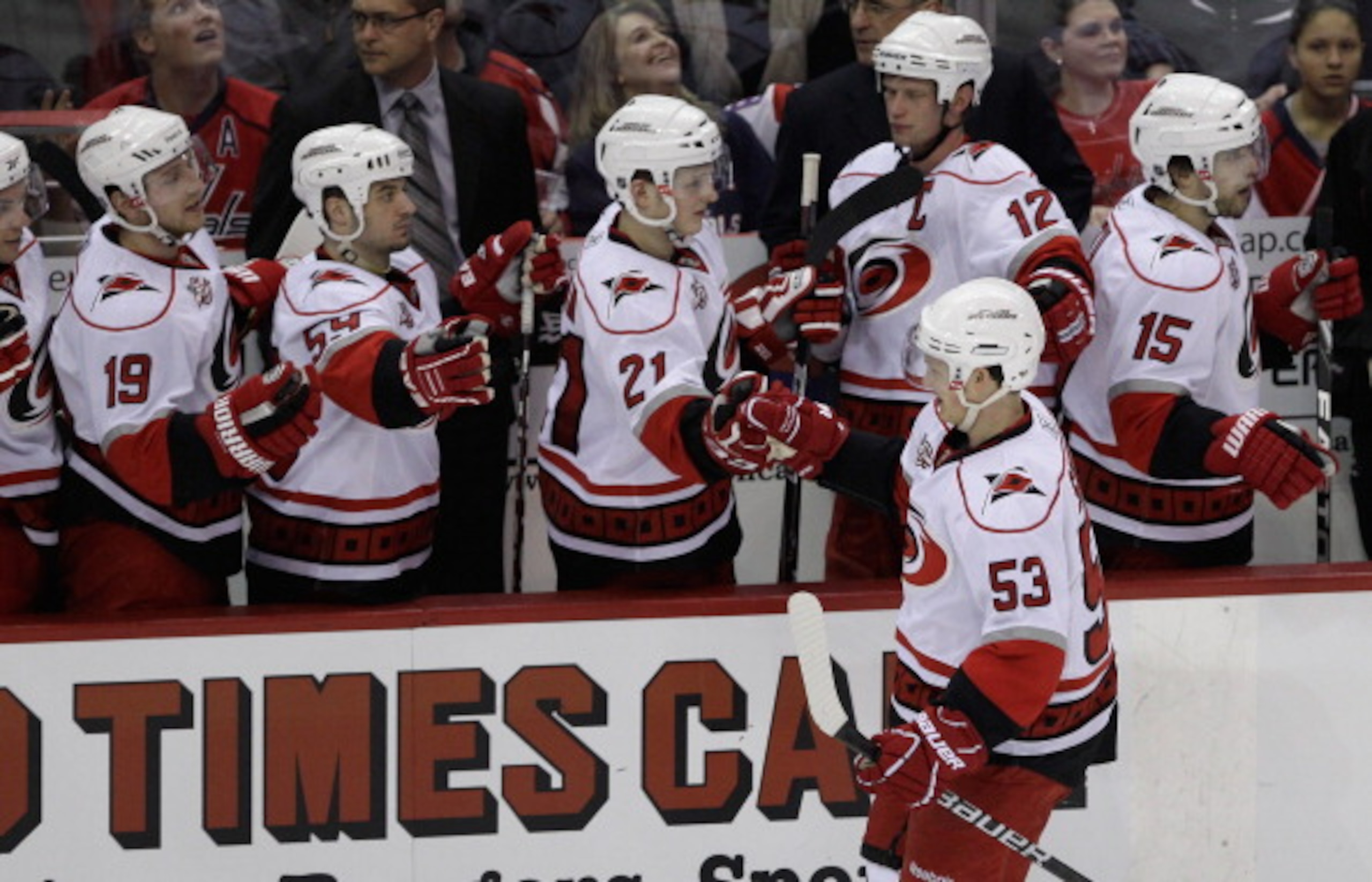 WASHINGTON, DC - MARCH 29:  Jeff Skinner #53 of the Carolina Hurricanes celelbrates with the bench after scoring against the Washington Capitalsduring the third period at the Verizon Center on March 29, 2011 in Washington, DC.  (Photo by Rob Carr/Getty Im