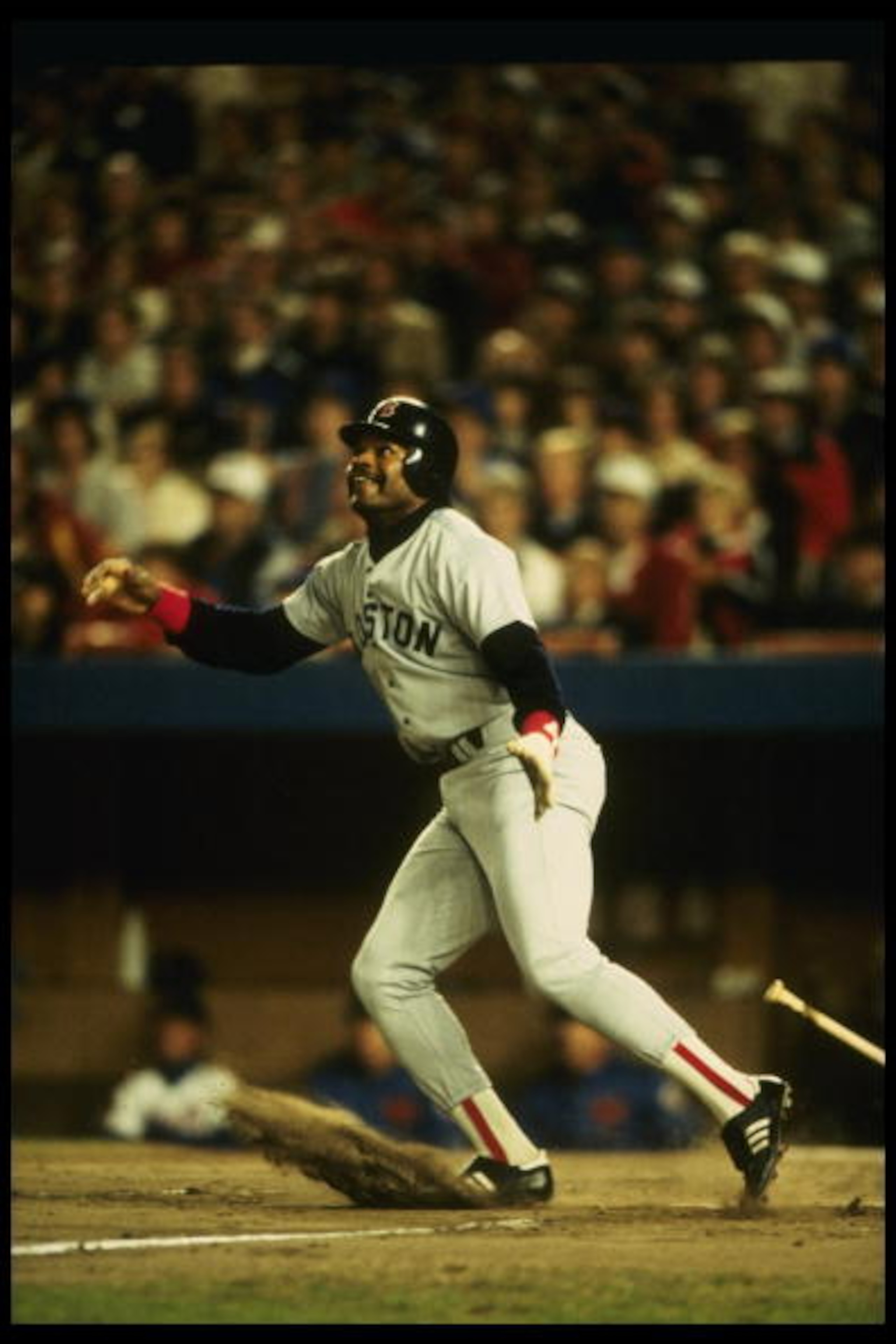 27 Oct 1986:  Dave Henderson makes contact with a pitch during the Red Sox 8-5 loss to the New York Mets in game 7 of the World Series at Shea Stadium in Flushing, New York.  The Mets won the series 4 games to 3. Mandatory Credit: T. G. Higgins  /Allsport