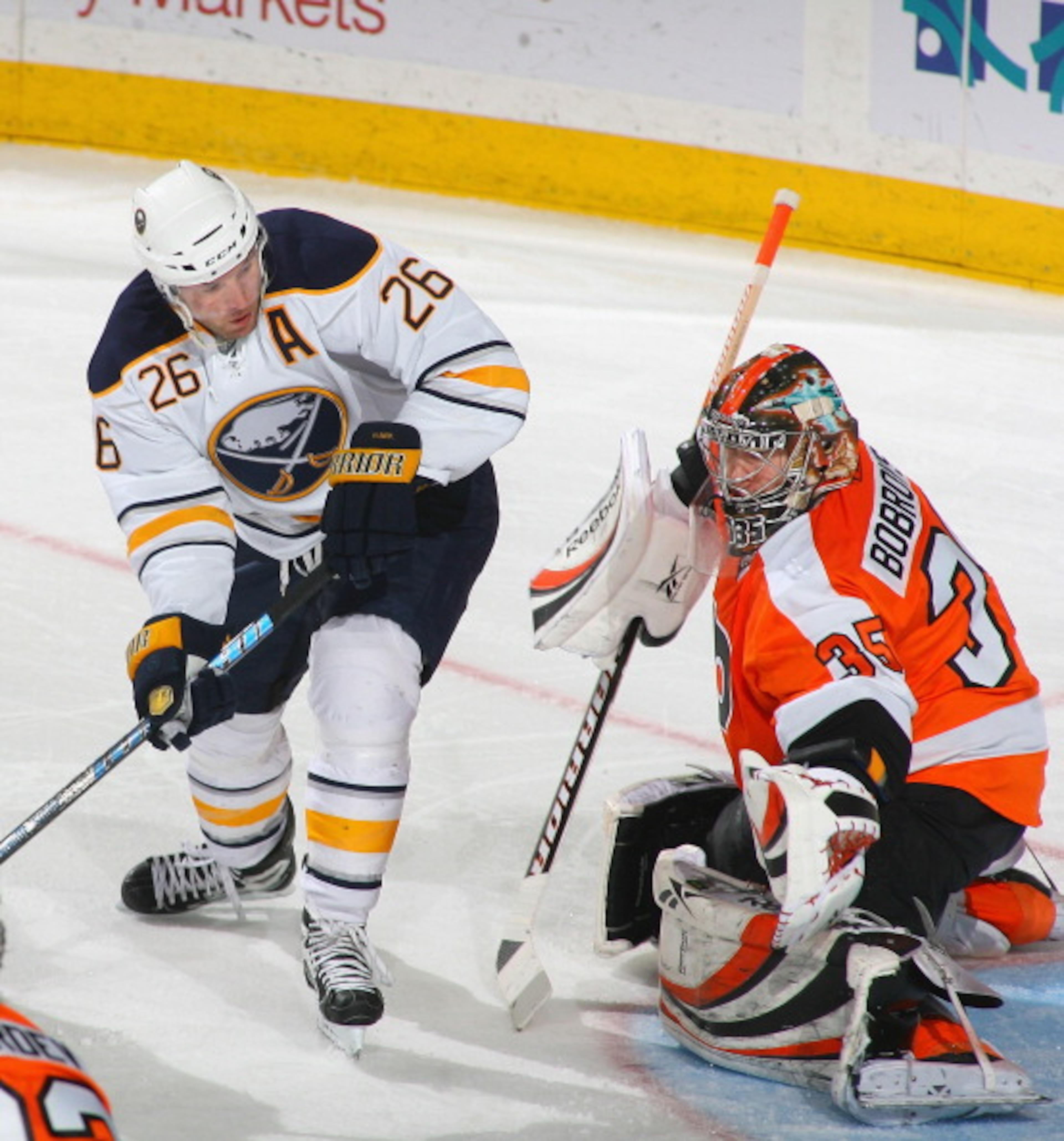 BUFFALO, NY - APRIL 08: Sergei Bobrovsky #35 of the Philadelphia Flyers defends against Thomas Vanek #26 of the Buffalo Sabres at HSBC Arena on April 8, 2011 in Buffalo, New York. (Photo by Rick Stewart/Getty Images) BUFFALO, NY - APRIL 08: Sergei Bobrovsky #35 of the Philadelphia Flyers defends against Thomas Vanek #26 of the Buffalo Sabres at HSBC Arena on April 8, 2011 in Buffalo, New York. (Photo by Rick Stewart/Getty Images)