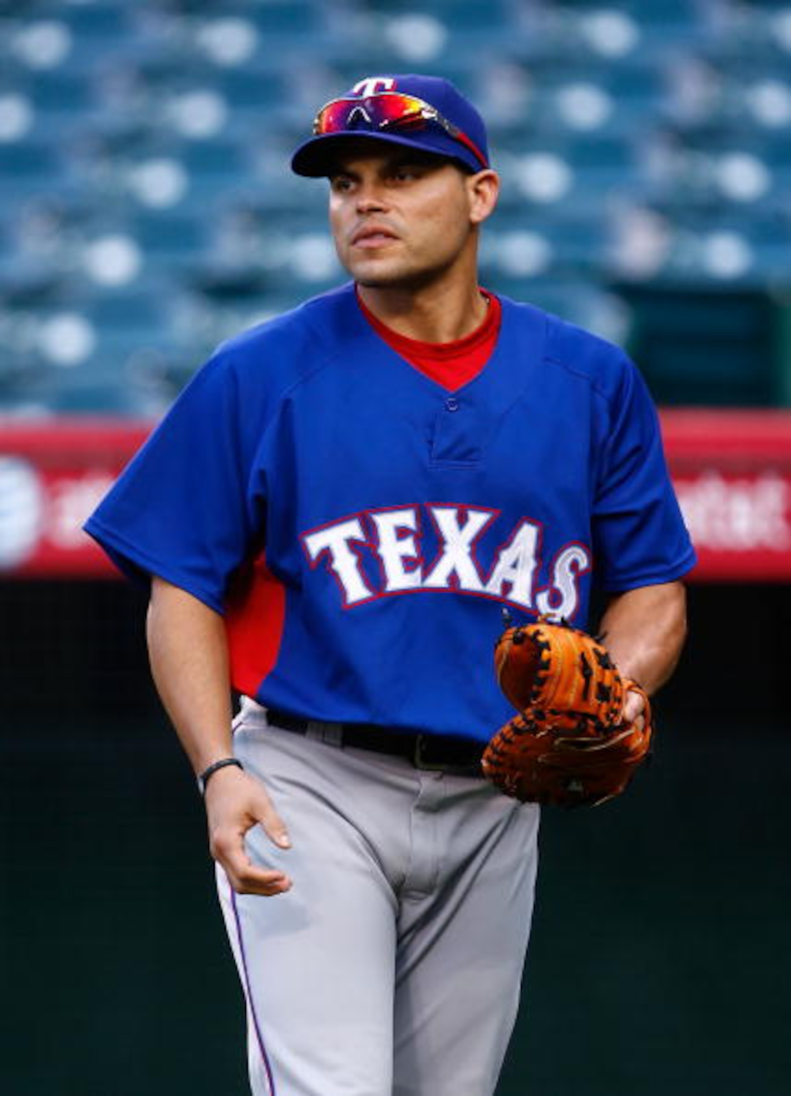 ANAHEIM, CA - SEPTEMBER 29:  Ivan Rodriguez #7 of the Texas Rangers takes batting practice prior to the game against the Los Angeles Angels of Anaheim at Angel Stadium on September 29, 2009 in Anaheim, California.  (Photo by Jeff Gross/Getty Images)
